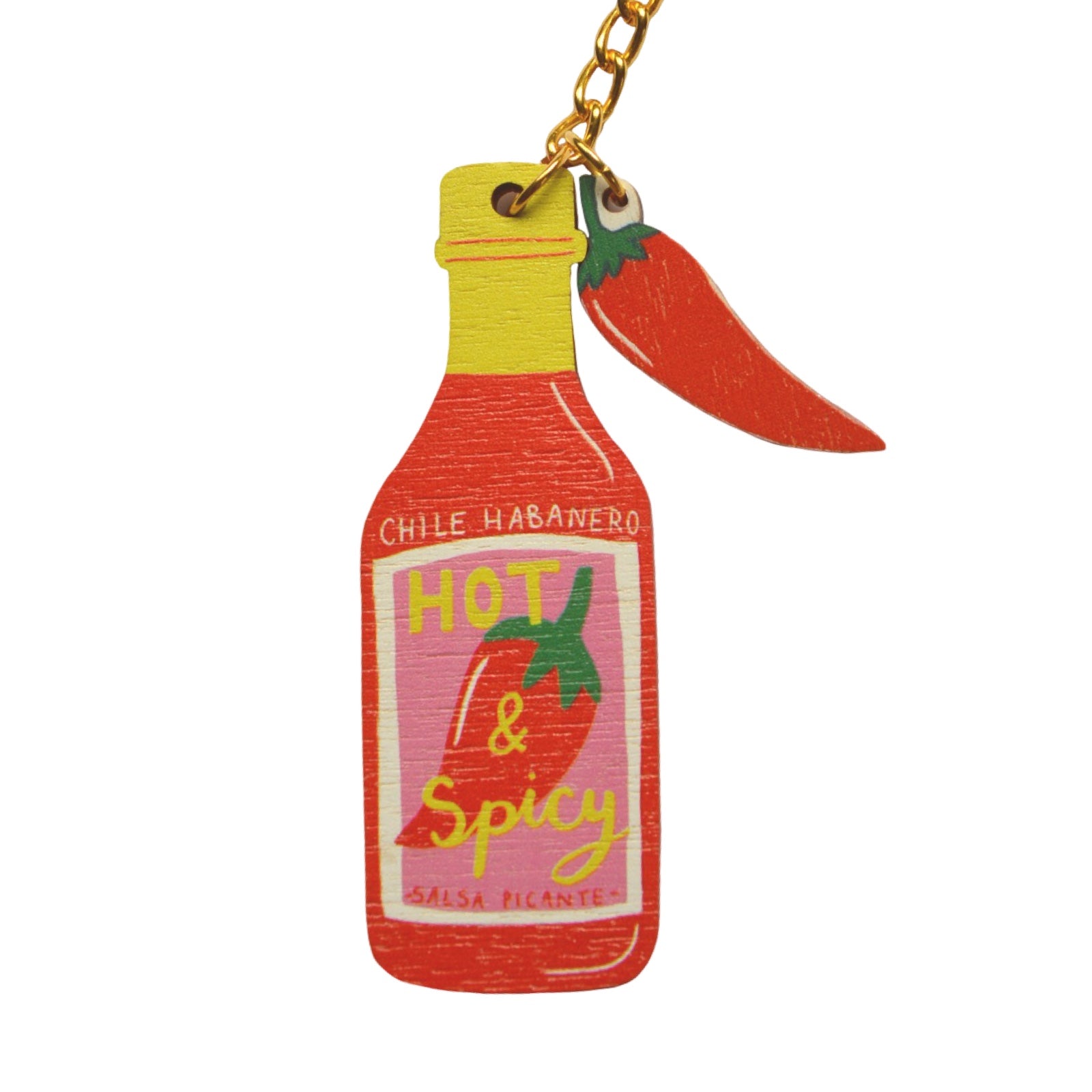 Hot sauce bottle keychain with chili pepper on a white background.