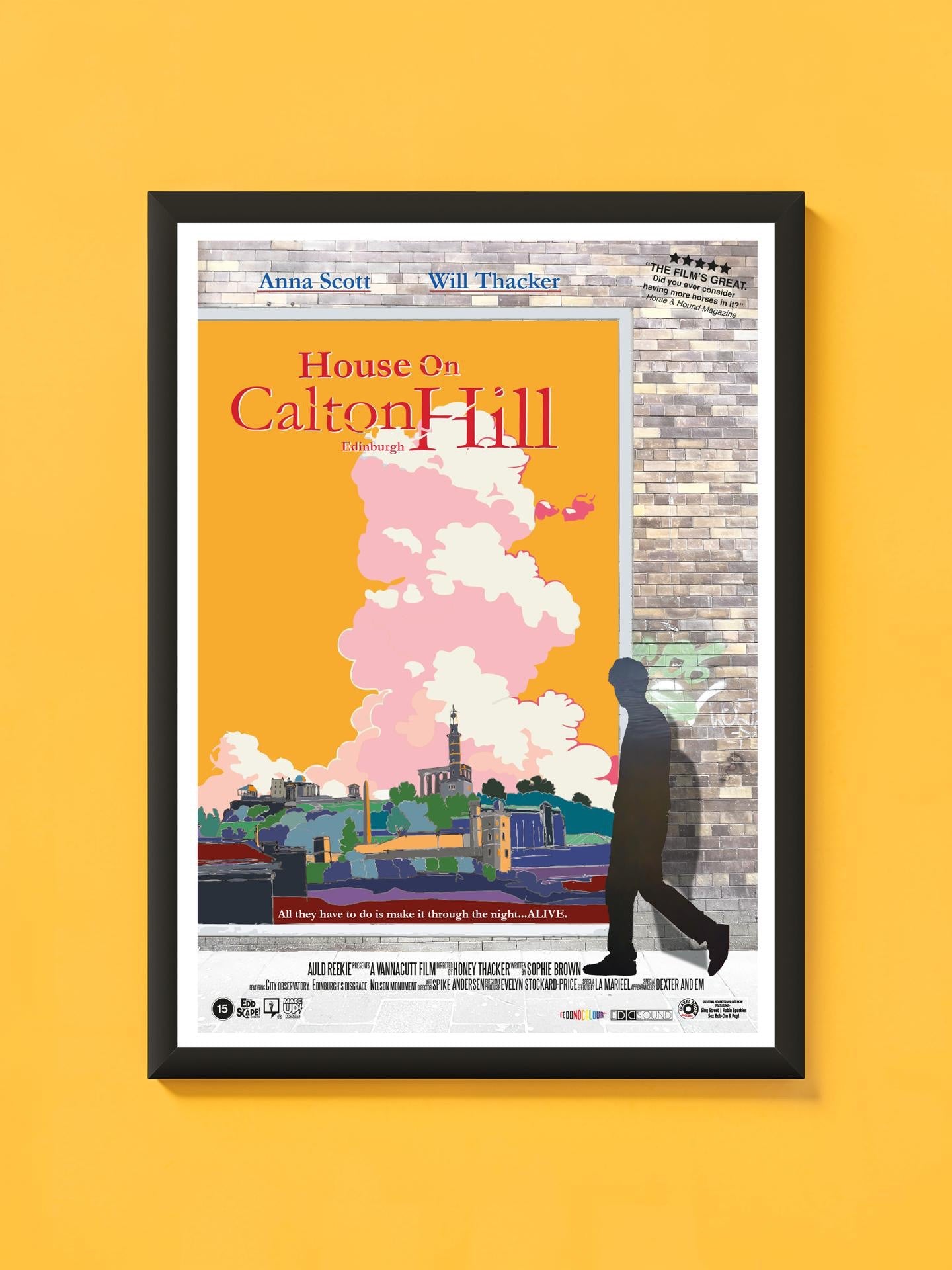 This print features a movie poster design with an illustration of Calton Hill, Edinburgh on a yellow wall.