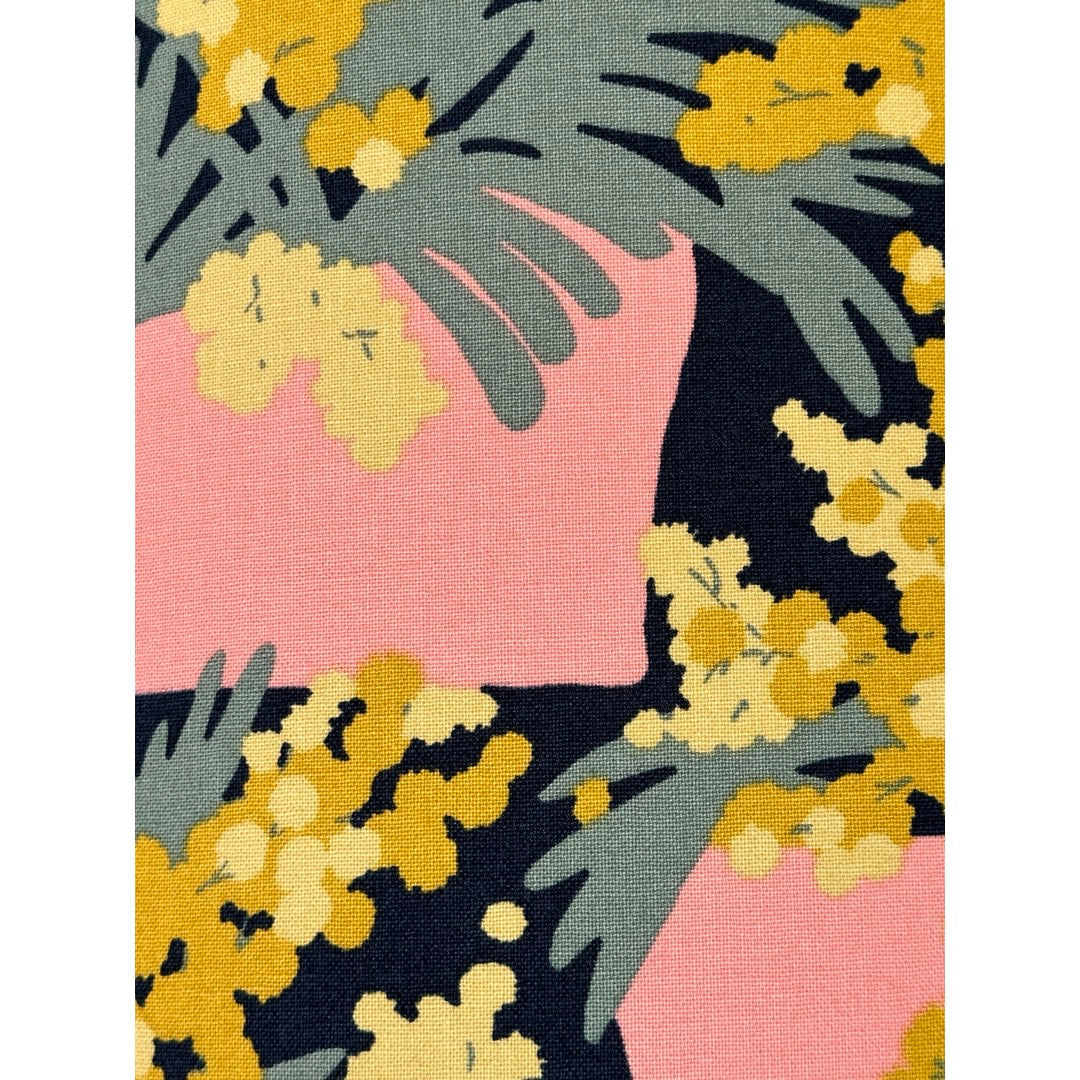 Navy fabric with pink plant pots and green and yellow plants