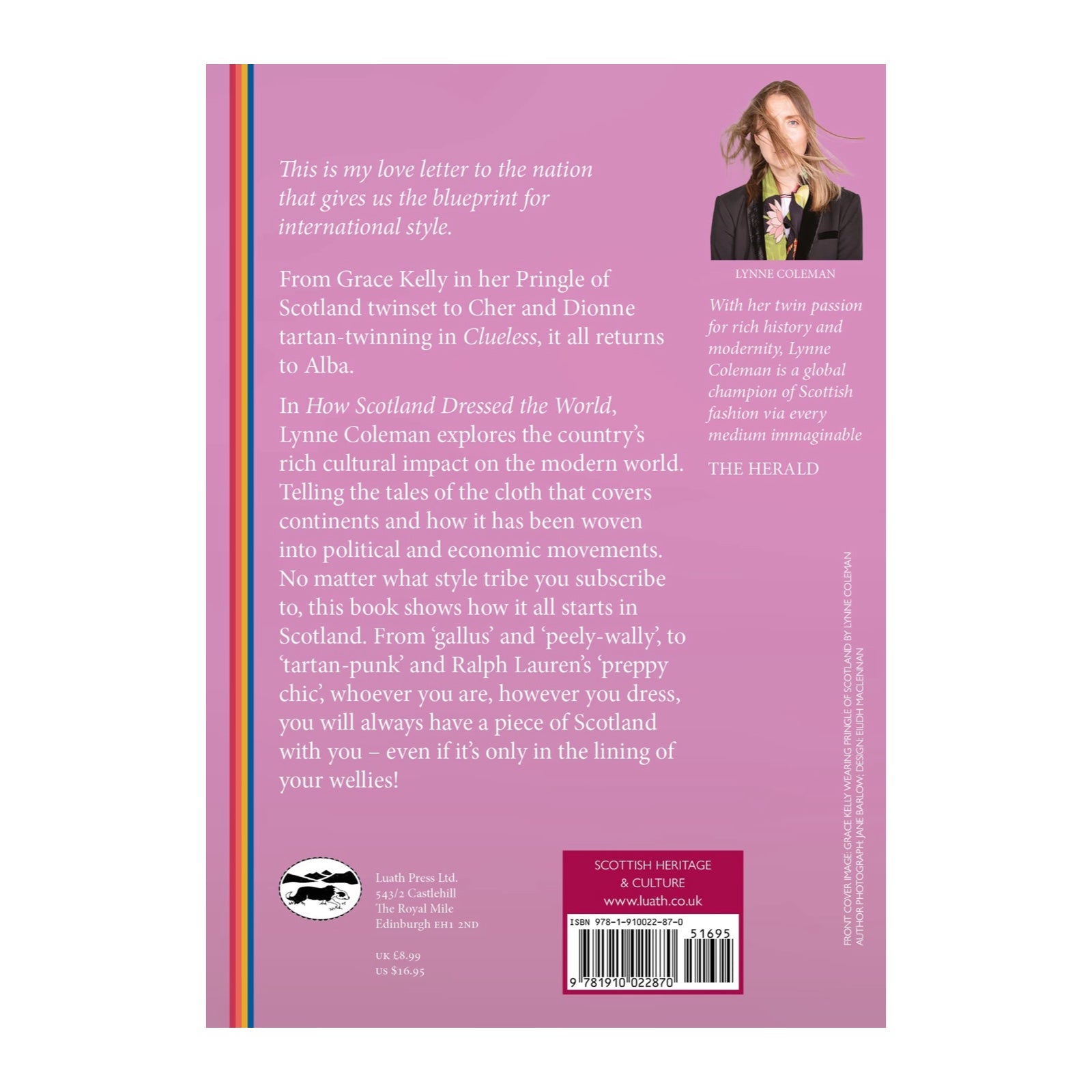 Back of book with a pink background and white text, as well as a picture of a woman on the top right corner.