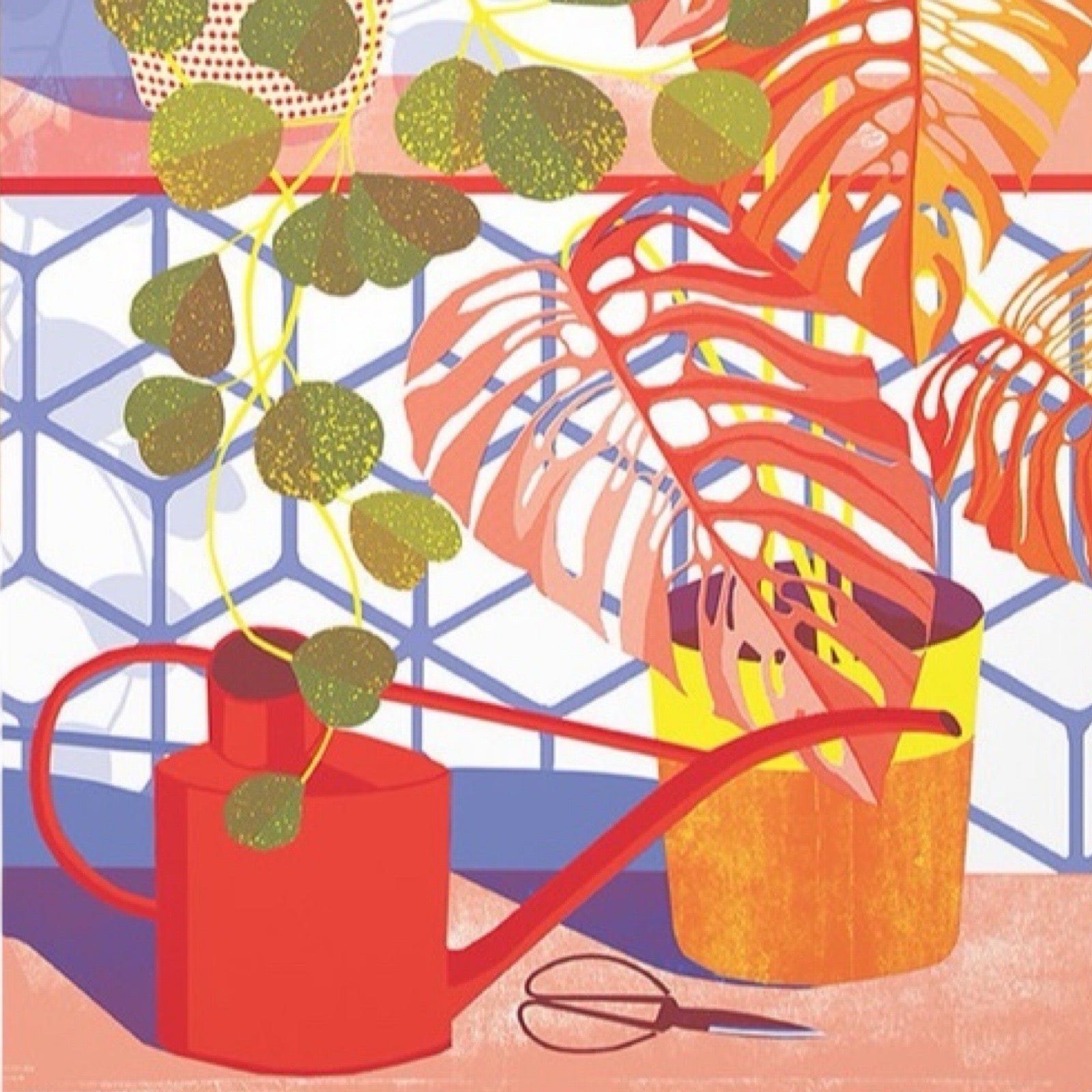 Art card featuring two vases of house plants with red and green leaves and a red watering can.