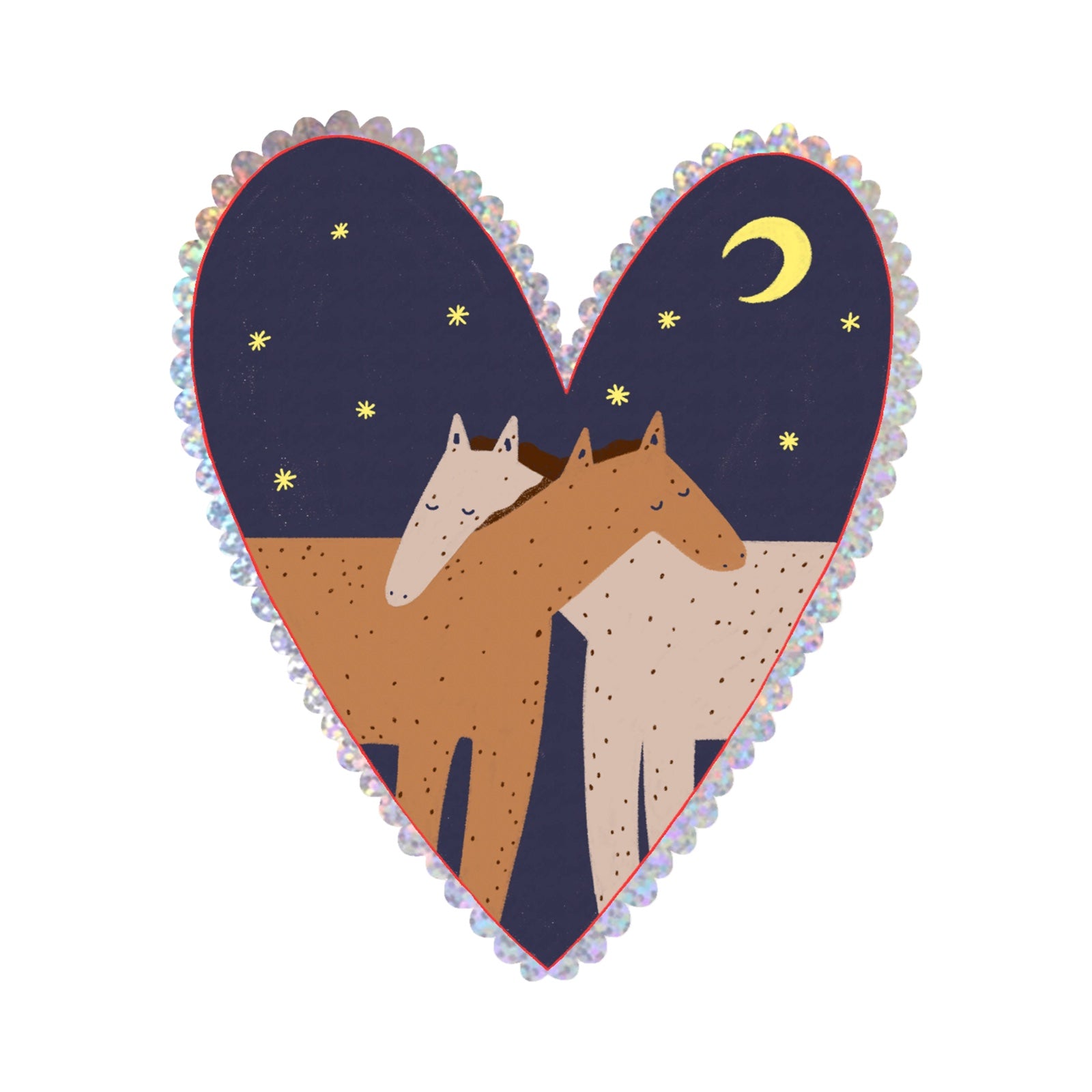 A heart-shaped decorative sticker featuring two horses in a stylised night scene with a crescent moon and stars, surrounded by a scalloped border on a white background.