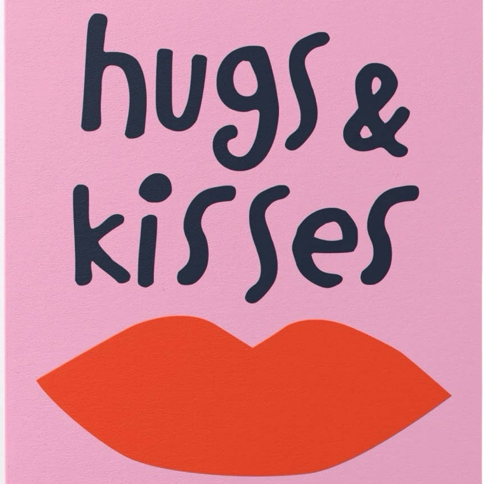 Colourful card featuring a pair of red lips against a pink background with the text 'hugs & kisses xx'