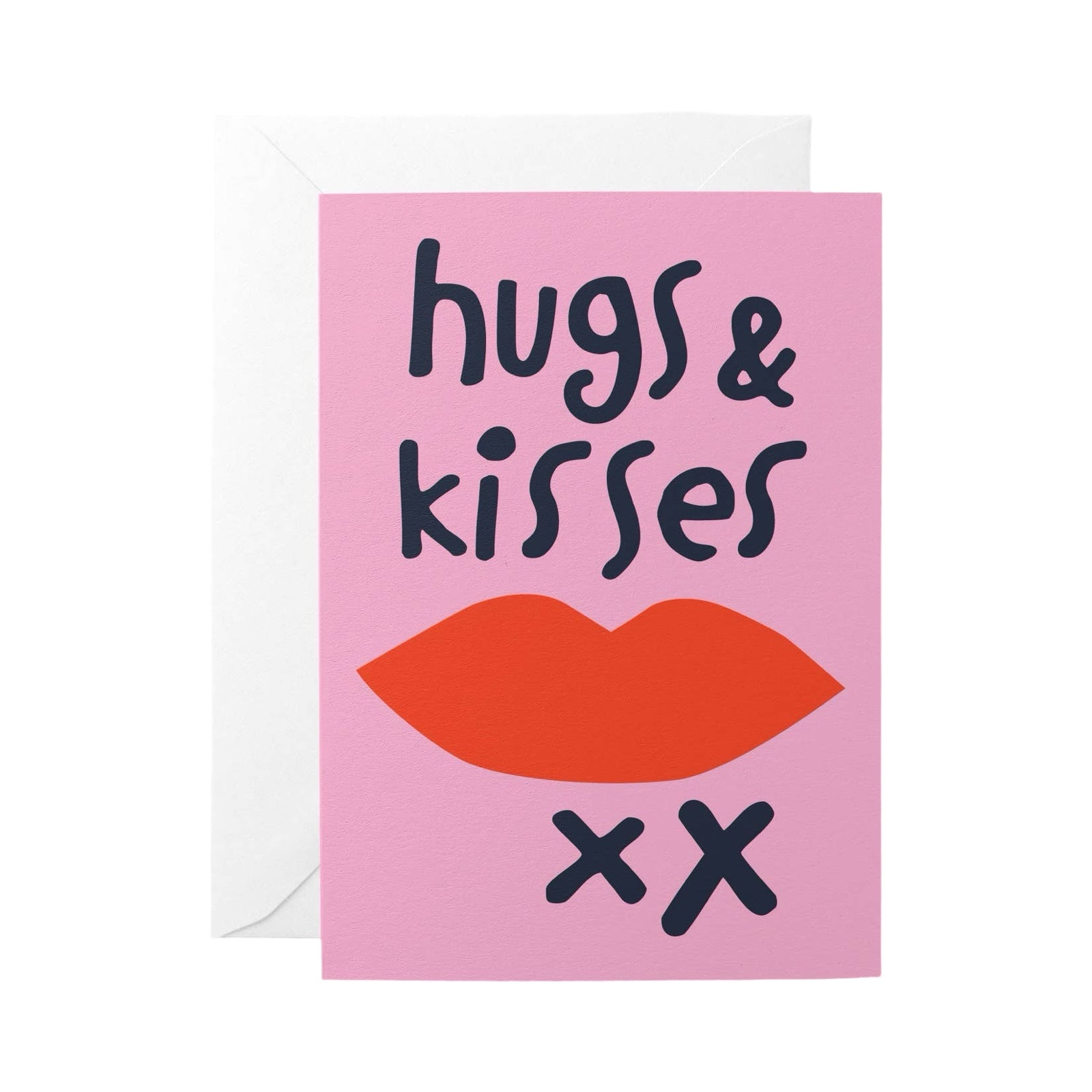 Colourful card featuring a pair of red lips against a pink background with the text 'hugs & kisses xx'