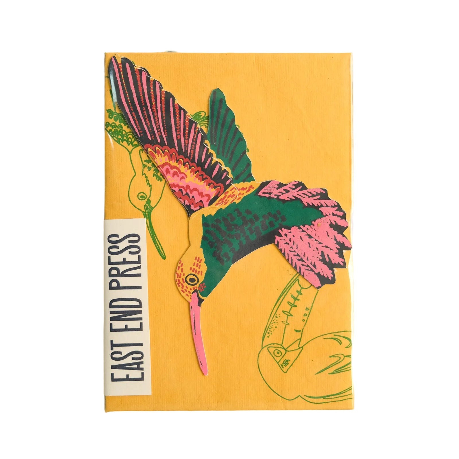 A hummingbird-shaped card in teal, pink and yellow with a yellow envelope.