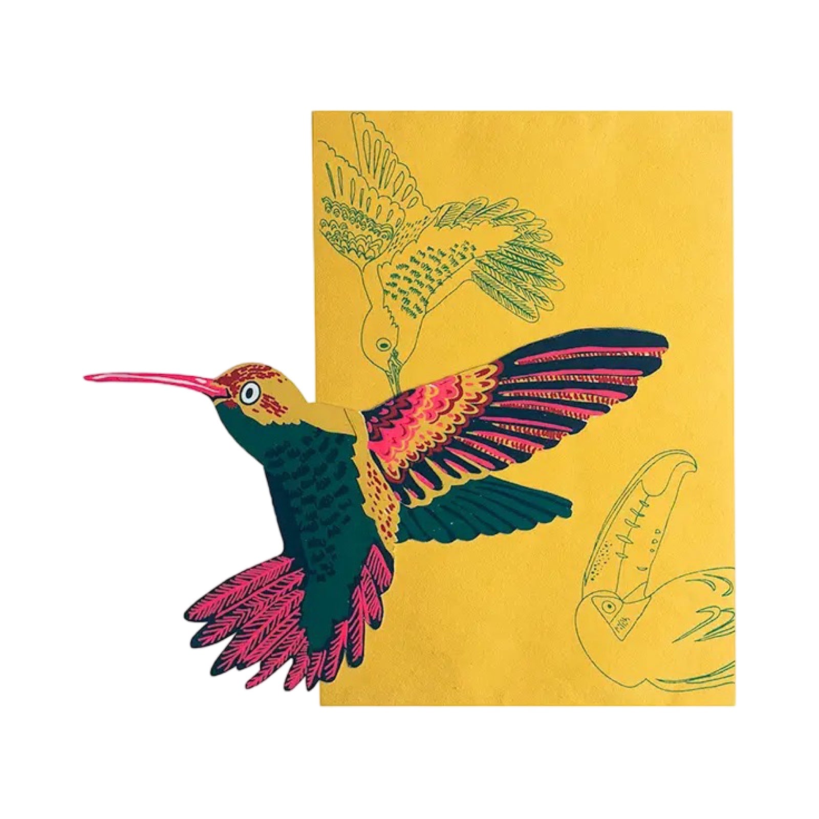 A hummingbird-shaped card in teal, pink and yellow with a yellow envelope.
