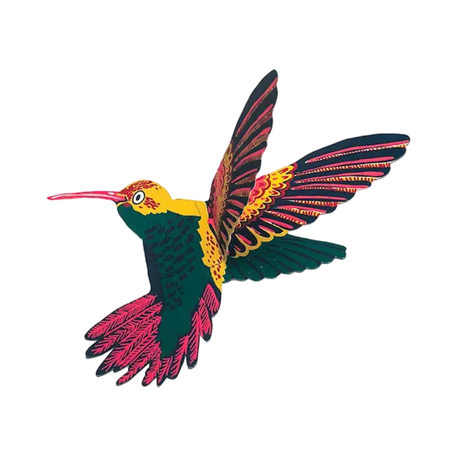 A hummingbird-shaped card in teal, pink and yellow.