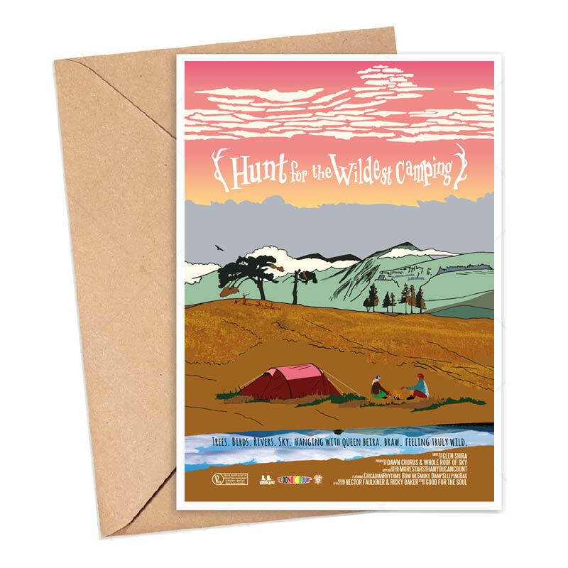 Travel poster card featuring a couple sitting at a campfire on a campsite at Glen Shira in the Scottish Highlands.