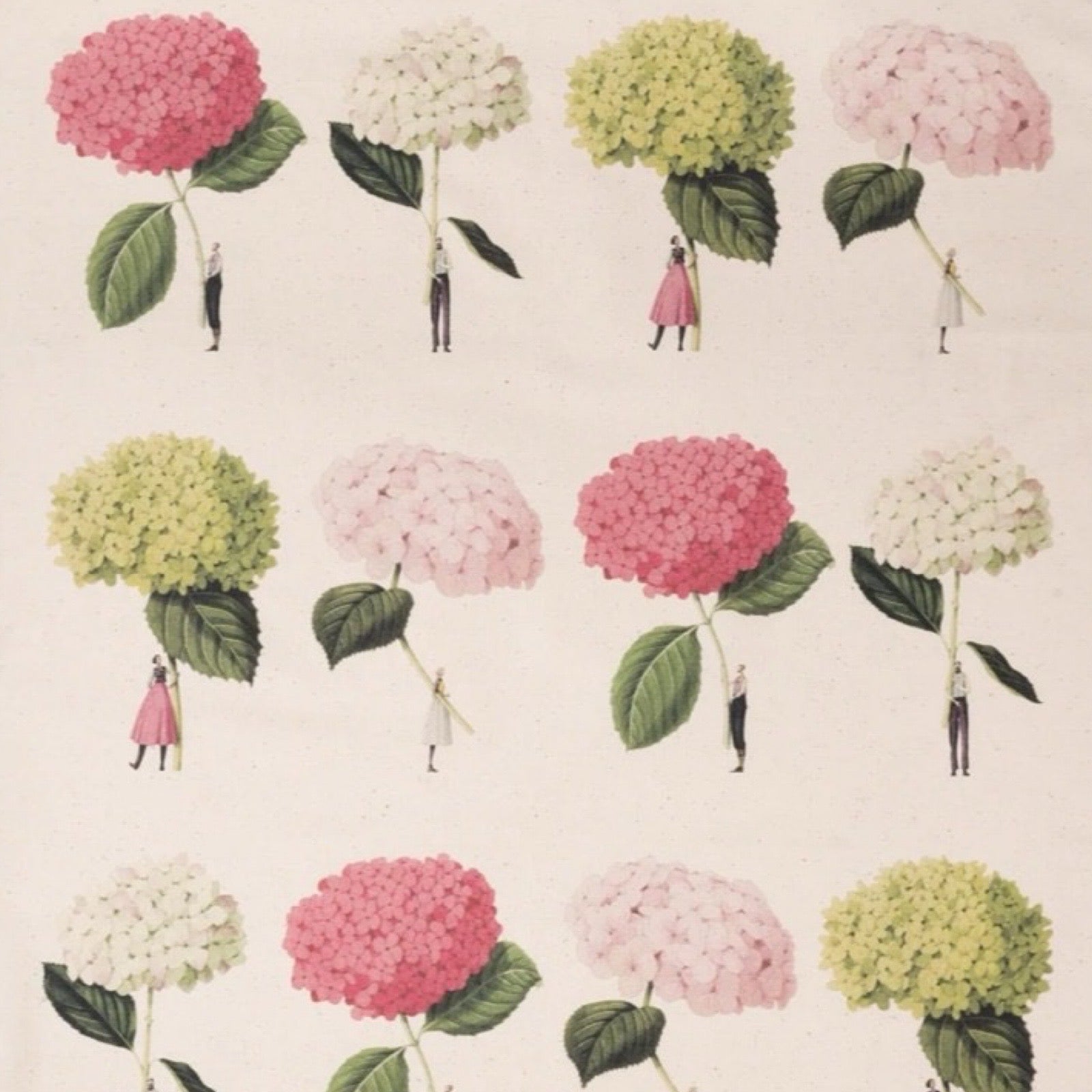 Pattern of flowers with small figures holding them on a beige background.