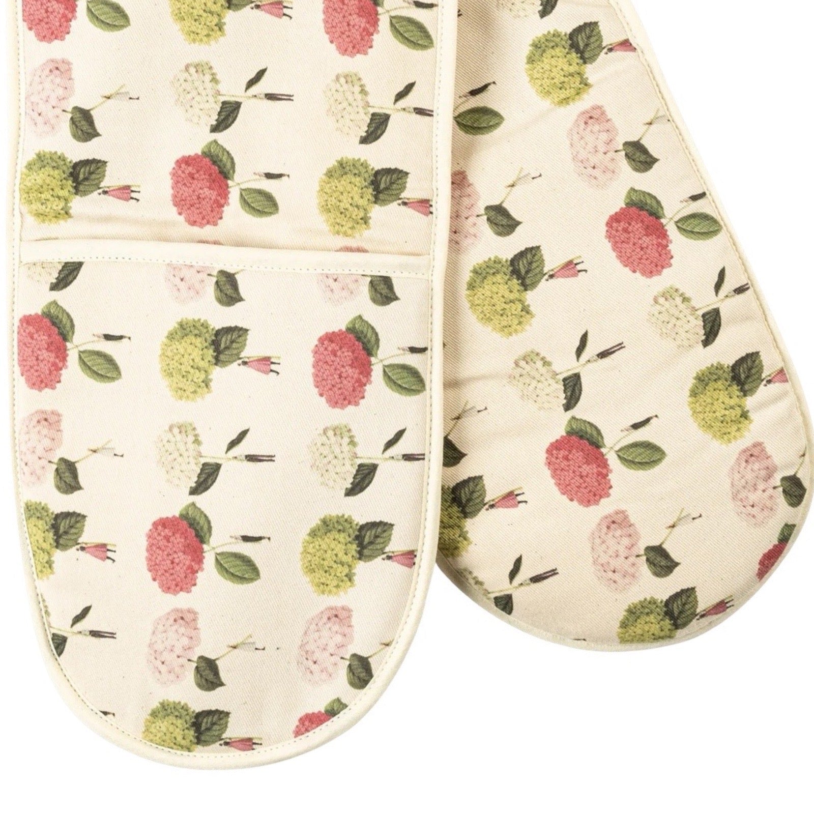 Pair of floral-patterned oven mitts on a white background.