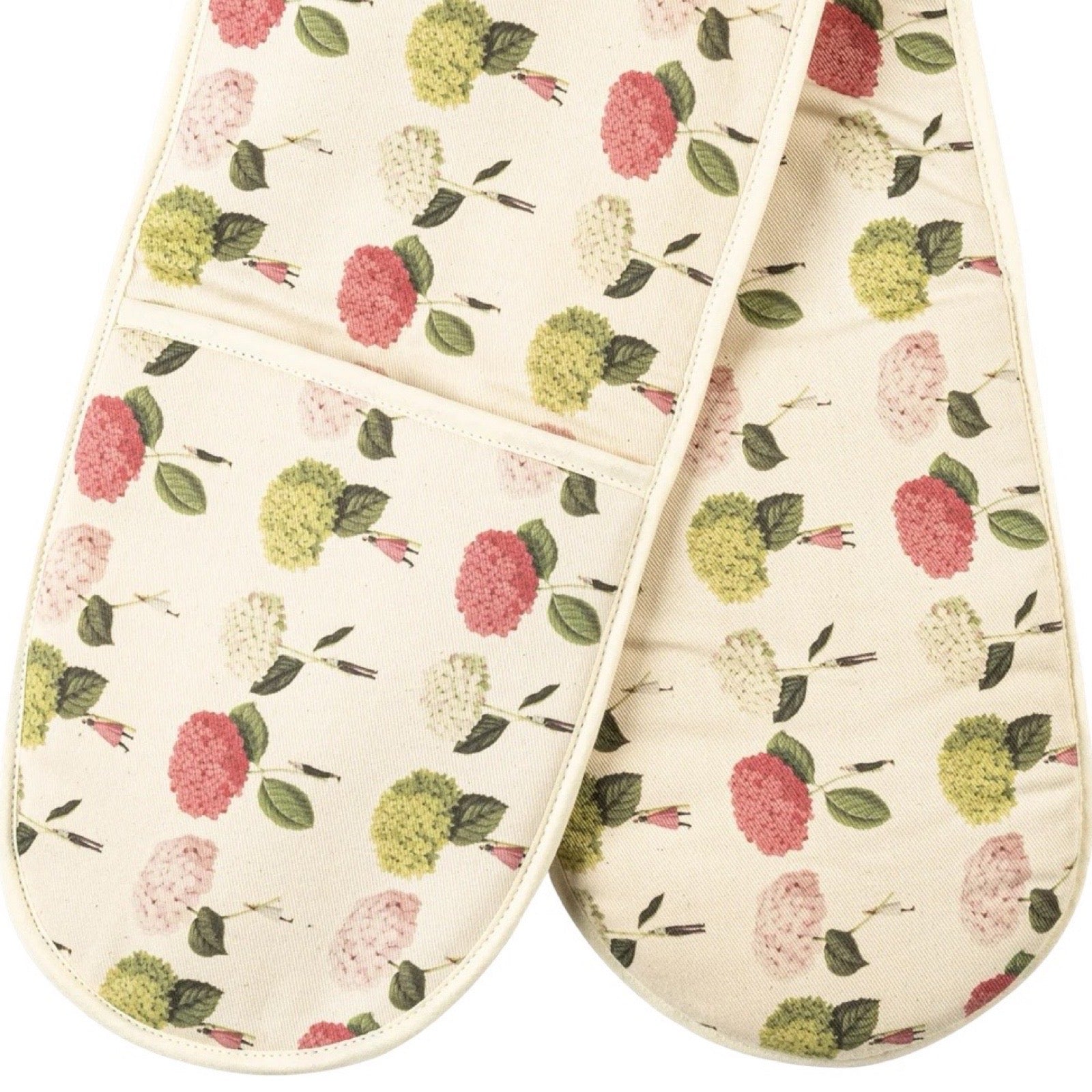 Pair of floral-patterned oven mitts on a white background.
