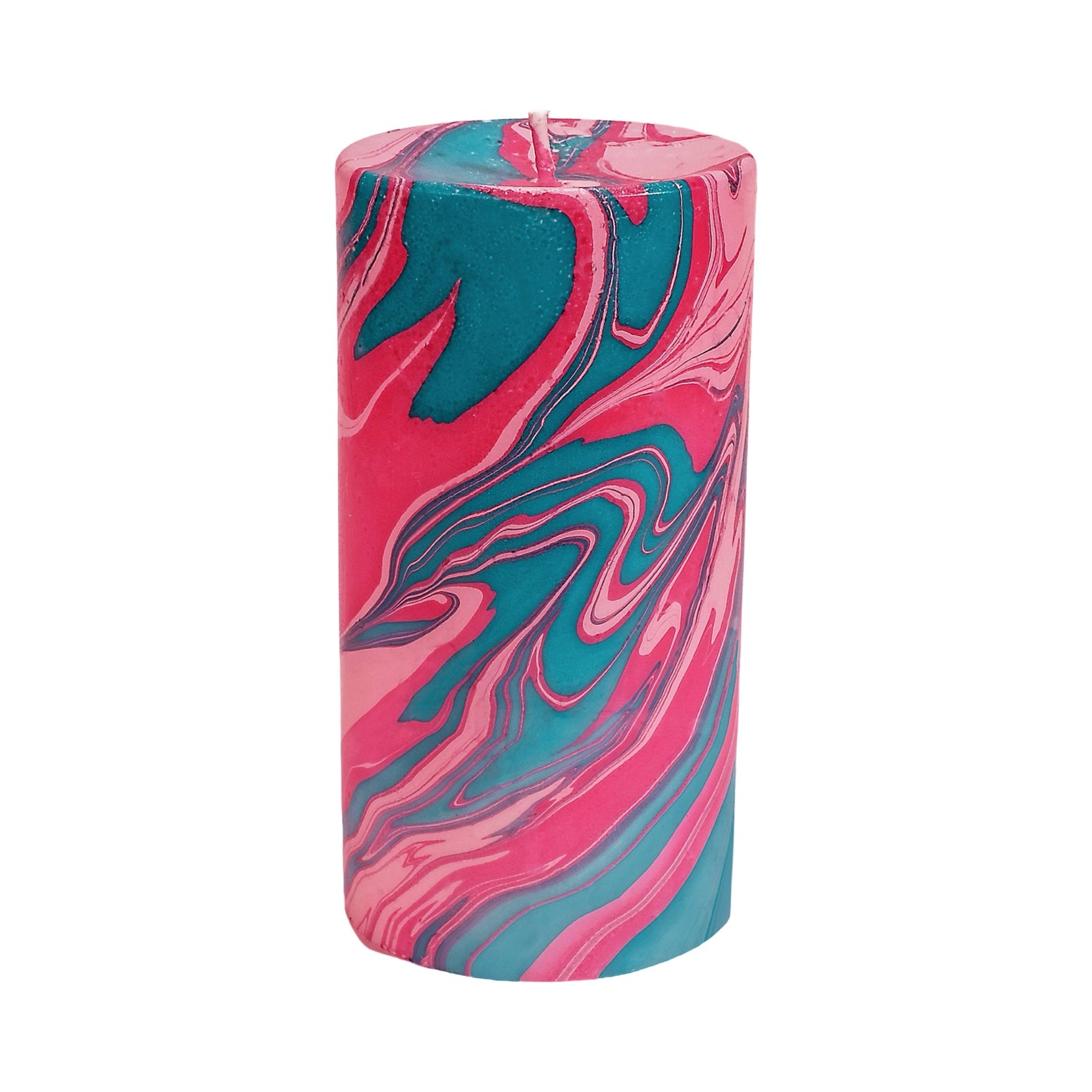 Unscented pillar candle hand-poured with soy wax and dip-dyed in magenta, teal and pastel pink to create the beautiful marble swirl.