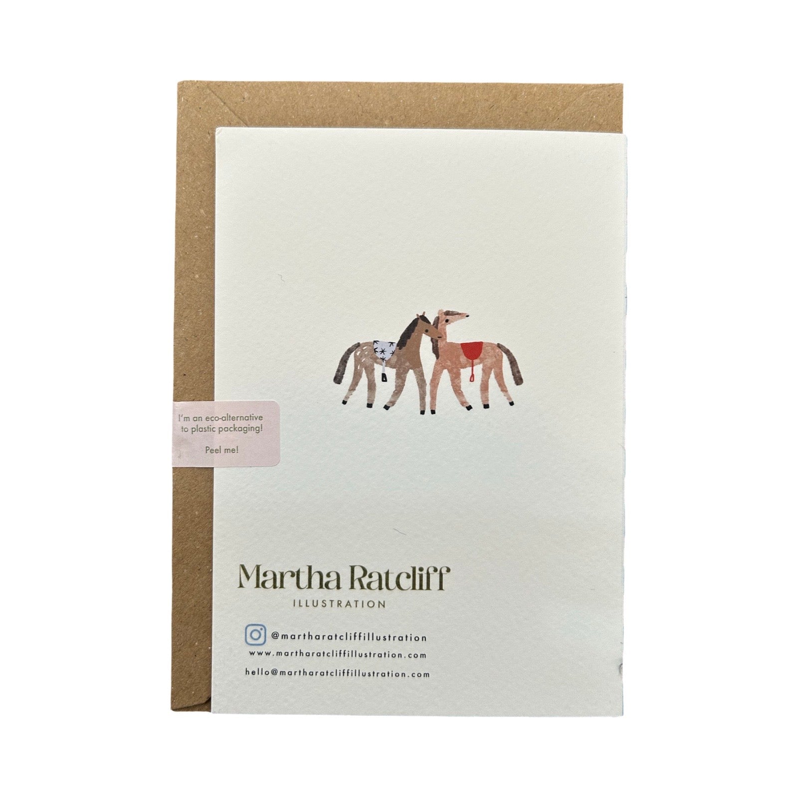 Back of Martha Ratcliff card with two horses and text.