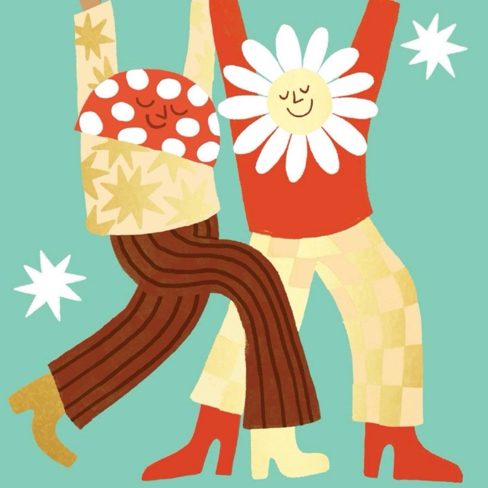 Illustration of two people wearing colorful outfits with a light blue background.
