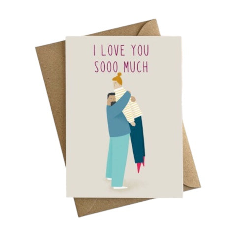 Greeting card with illustration of two people hugging and 'I Love You Sooo Much' text, with a brown envelope.