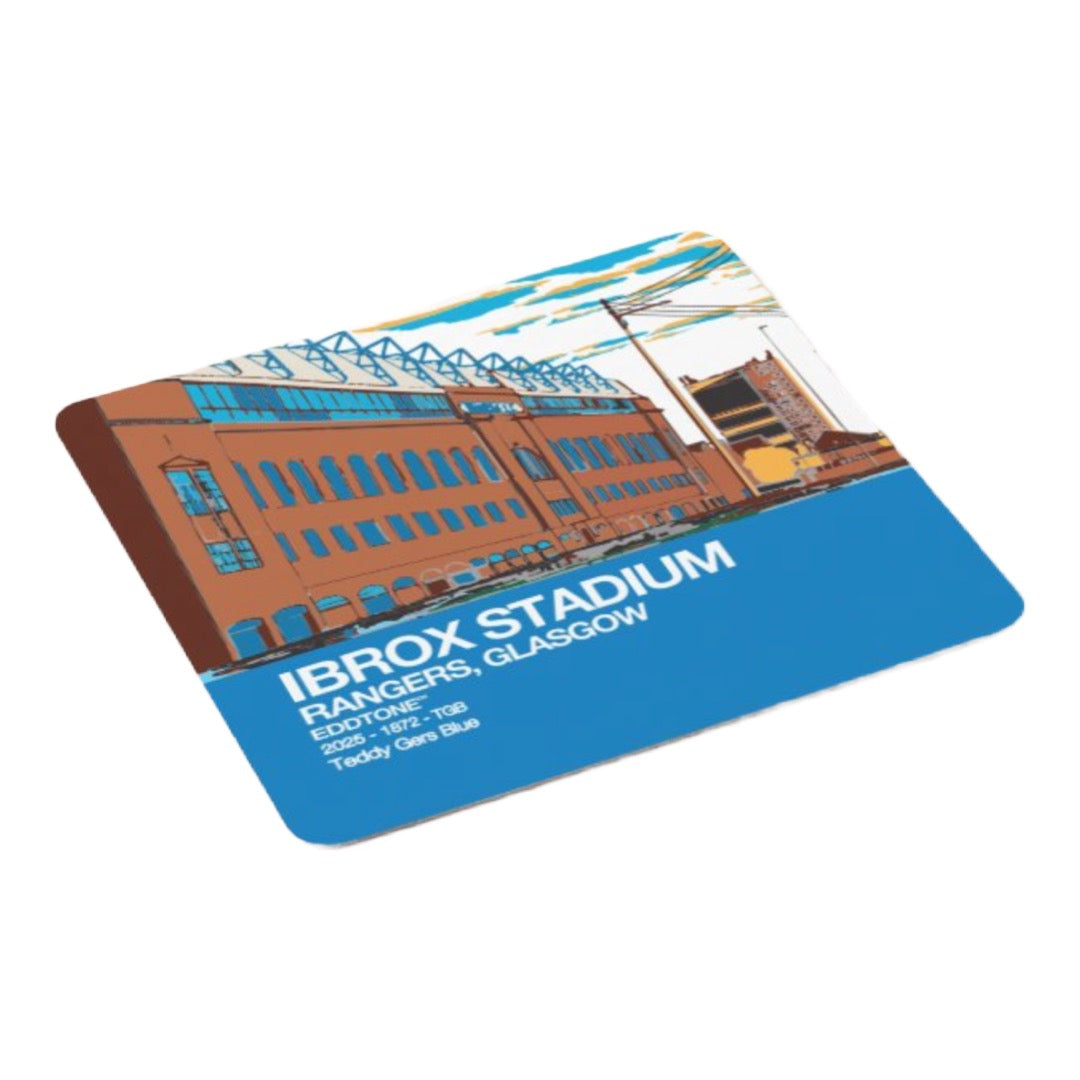 Coaster featuring an illustration of the Ibrox Rangers Stadium, Glasgow.