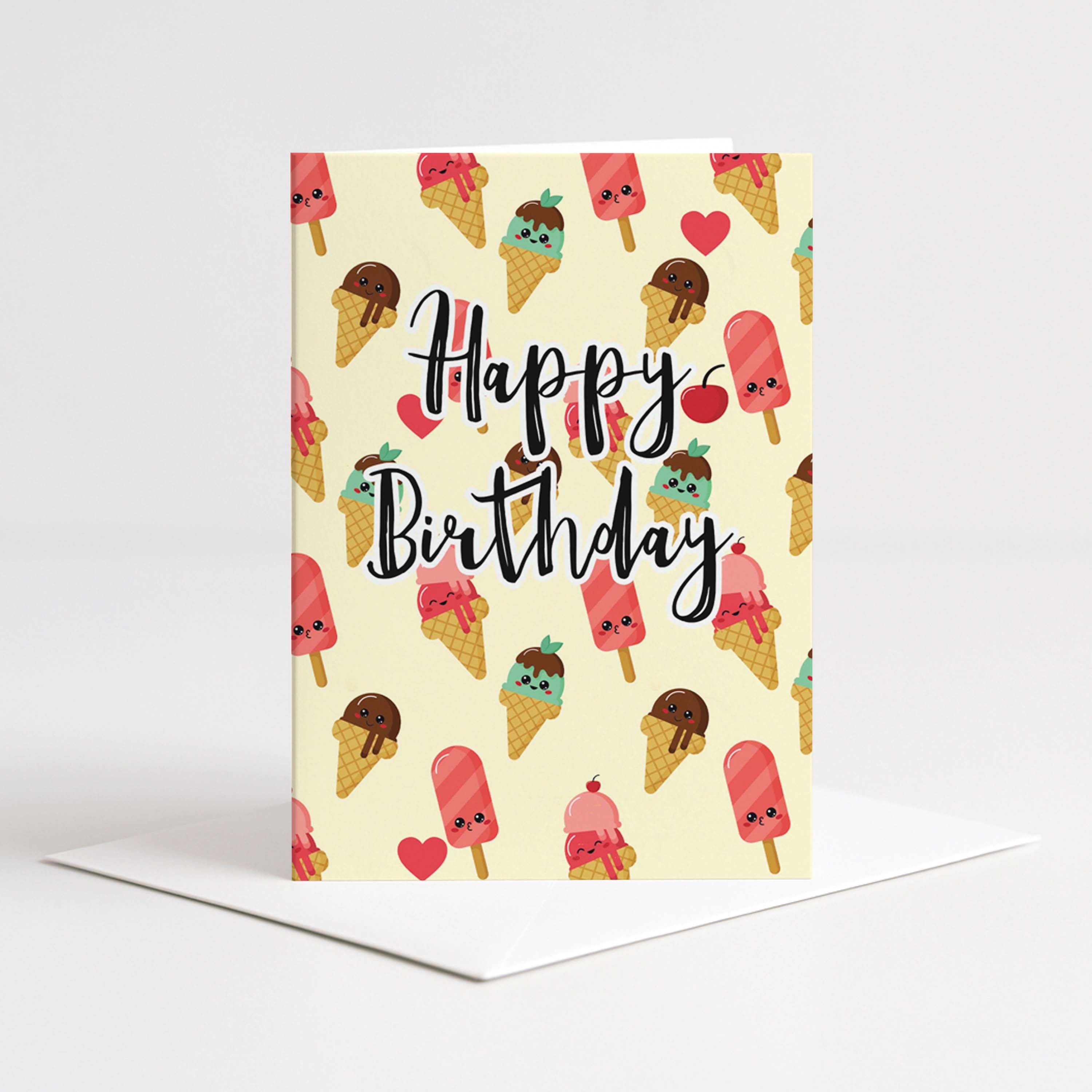 Birthday card with ice cream and popsicle illustrations on a beige background
