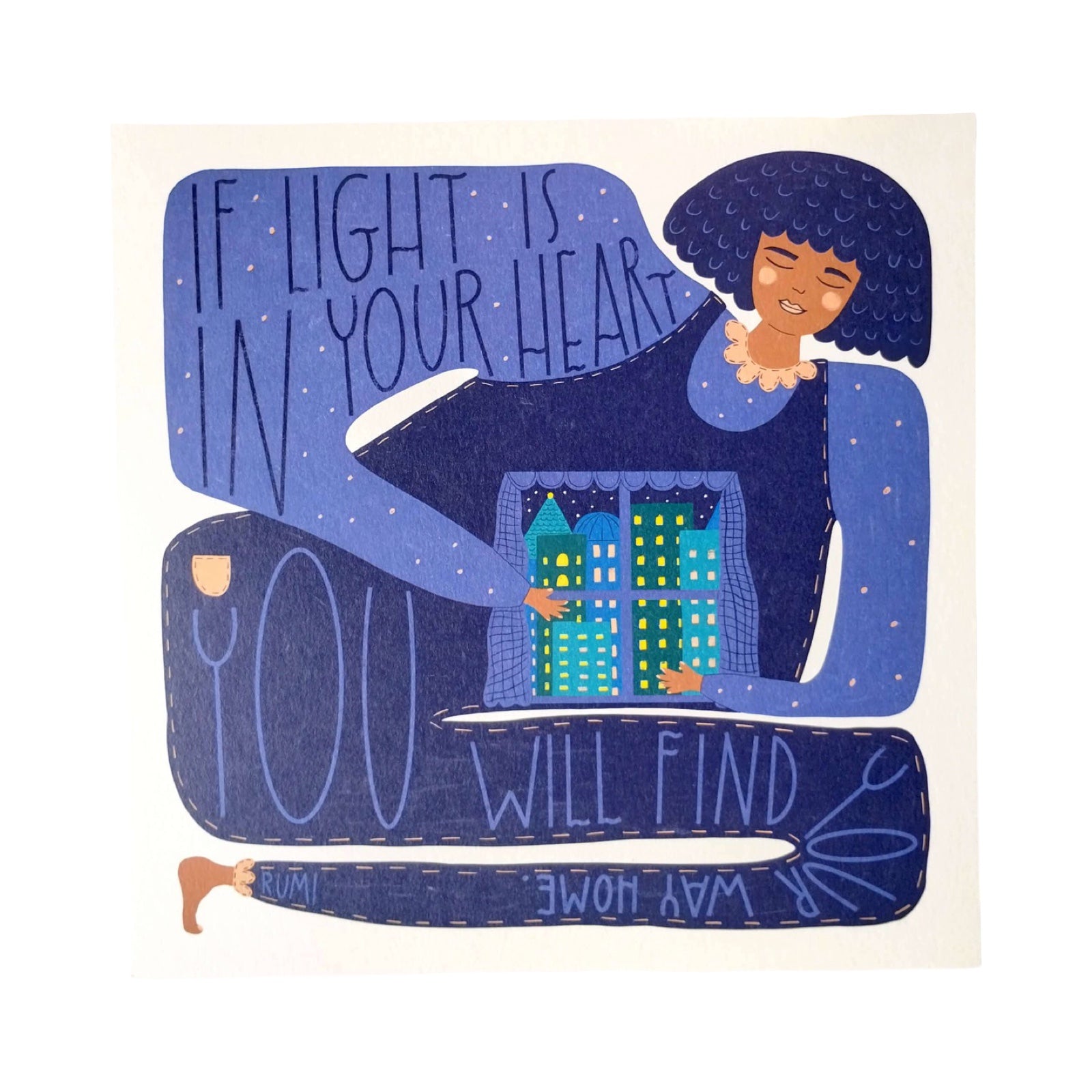 Illustration of a person holding a cityscape with text 'If light is in your heart you will find your way home' on a white background.