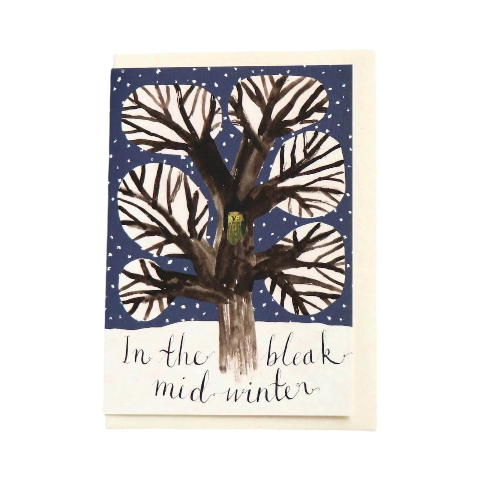 Christmas card featuring an illustration of a tall tree in the snow with the text 'In the bleak mid-winter'.