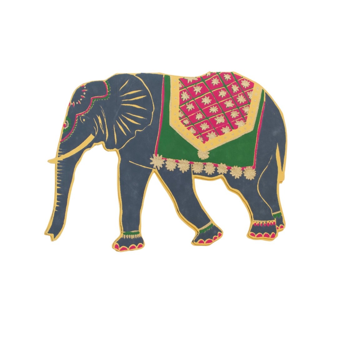 Indian elephant shaped card featuring a grey elephant with a green, pink and yellow blanket.