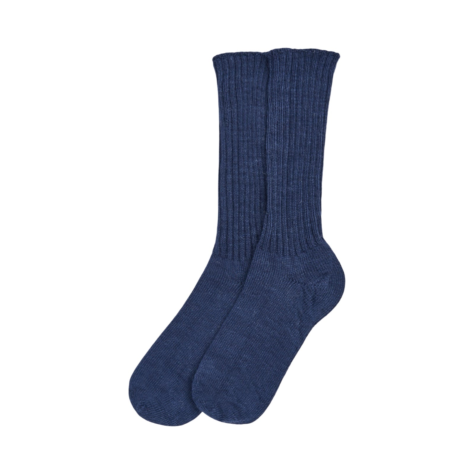 Inky blue mohair socks on a white background.