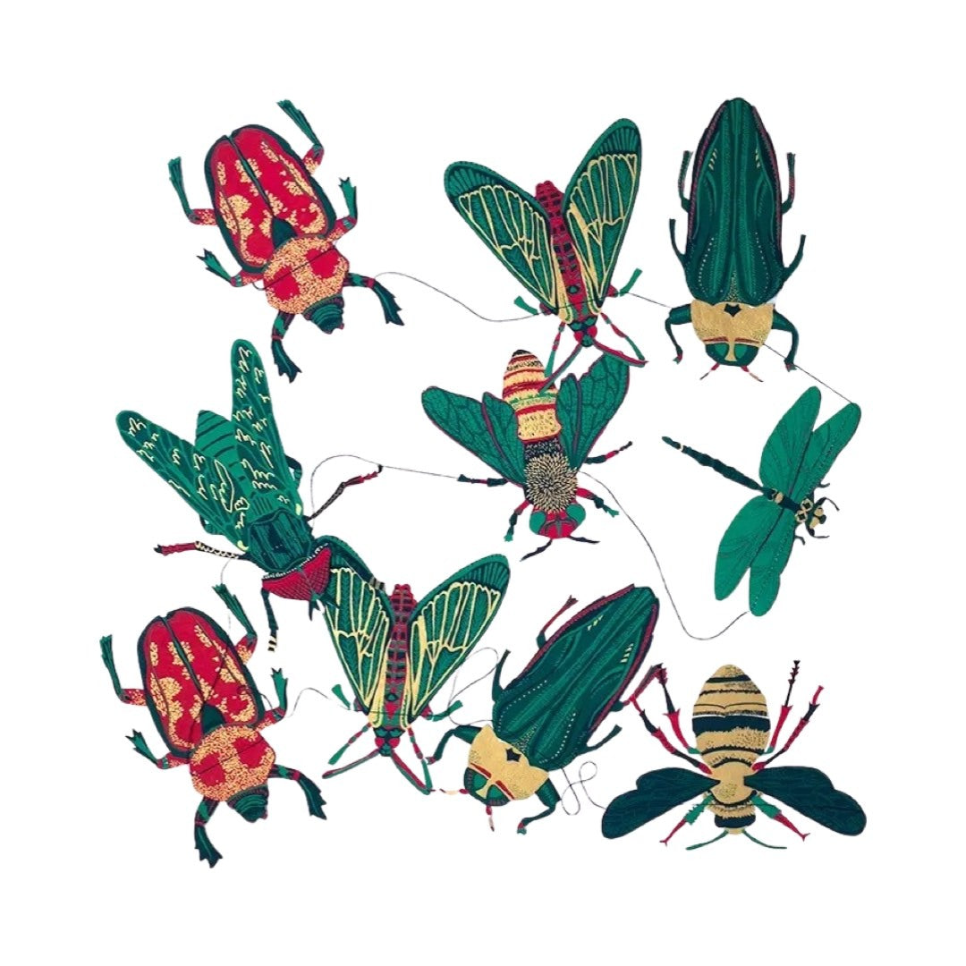 A paper garland with 10 screen printed insects, beetles, wasps, dragonflies and moths in shades of green, red and gold.