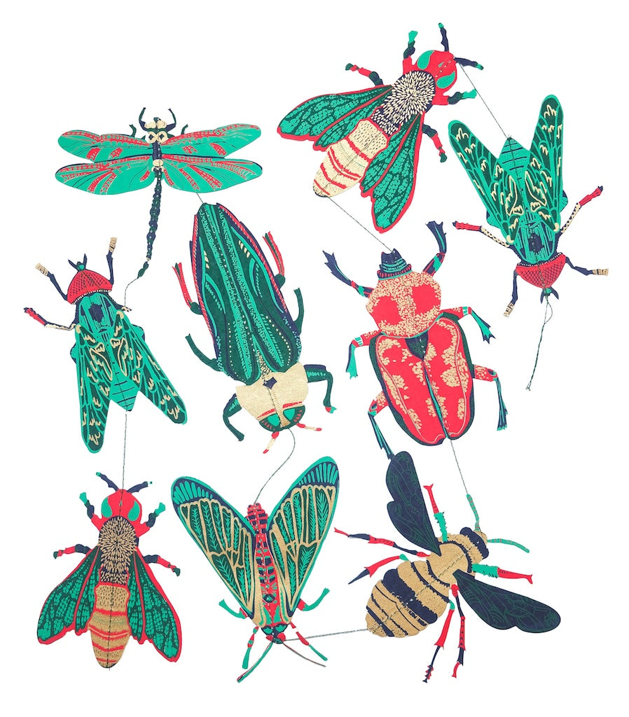 Decorative string art with colourful insects and plants on a white background.
