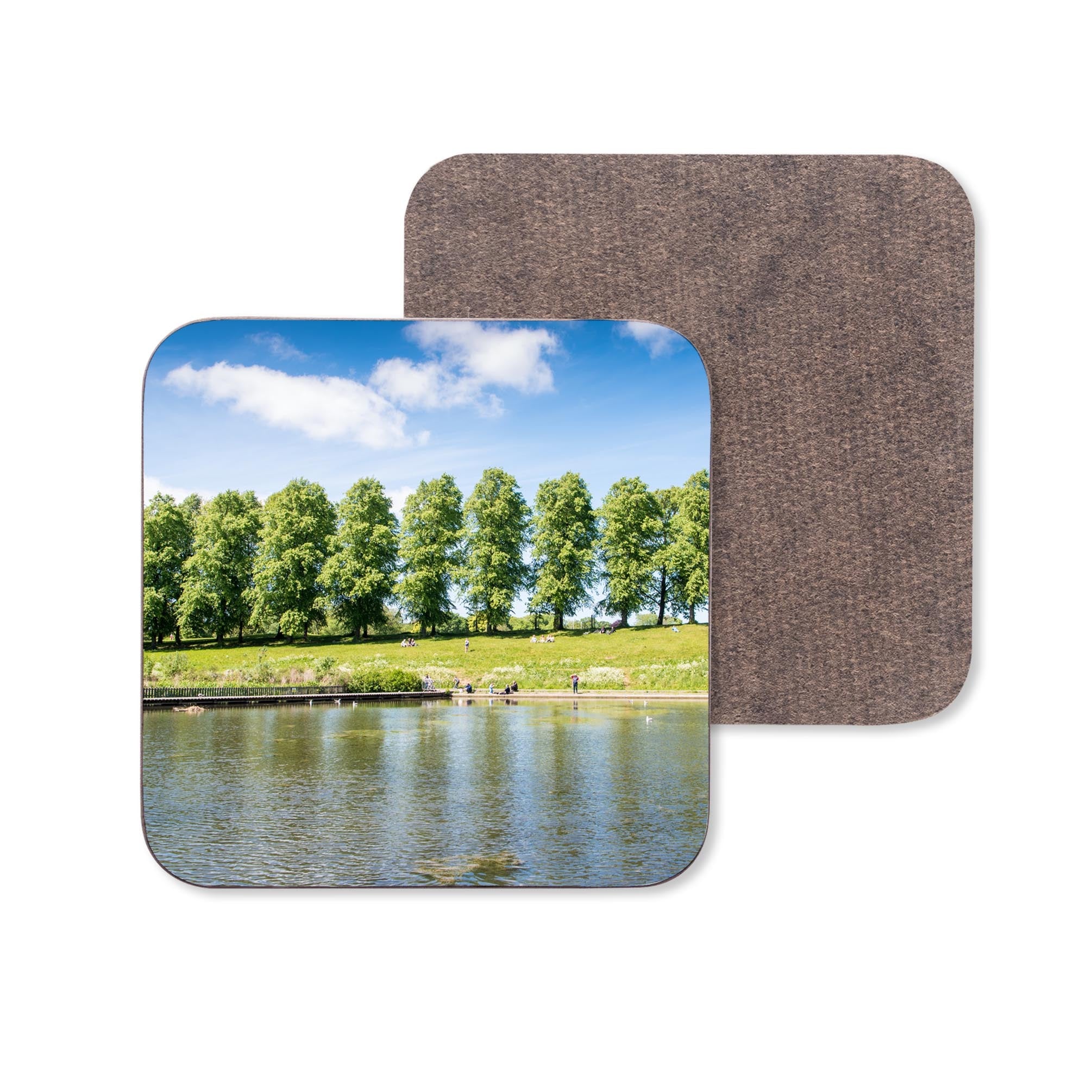 An image of Inverleith Pond Edinburgh on a wooden coaster