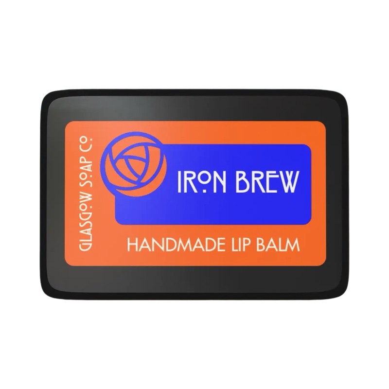 A small black tin of iron brew flavoured lip balm.