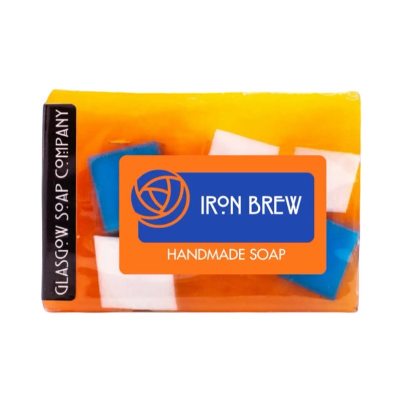 An orange and blue iron brew flavoured handmade soap bar.