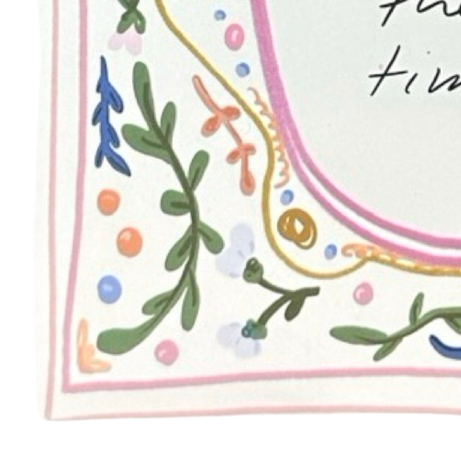 Decorative card with colorful floral design and text on a white background.