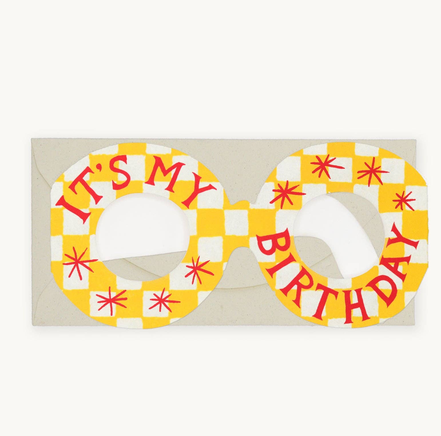 Sunglasses with 'It's My Birthday' text on a yellow and red checkered pattern, in a box.