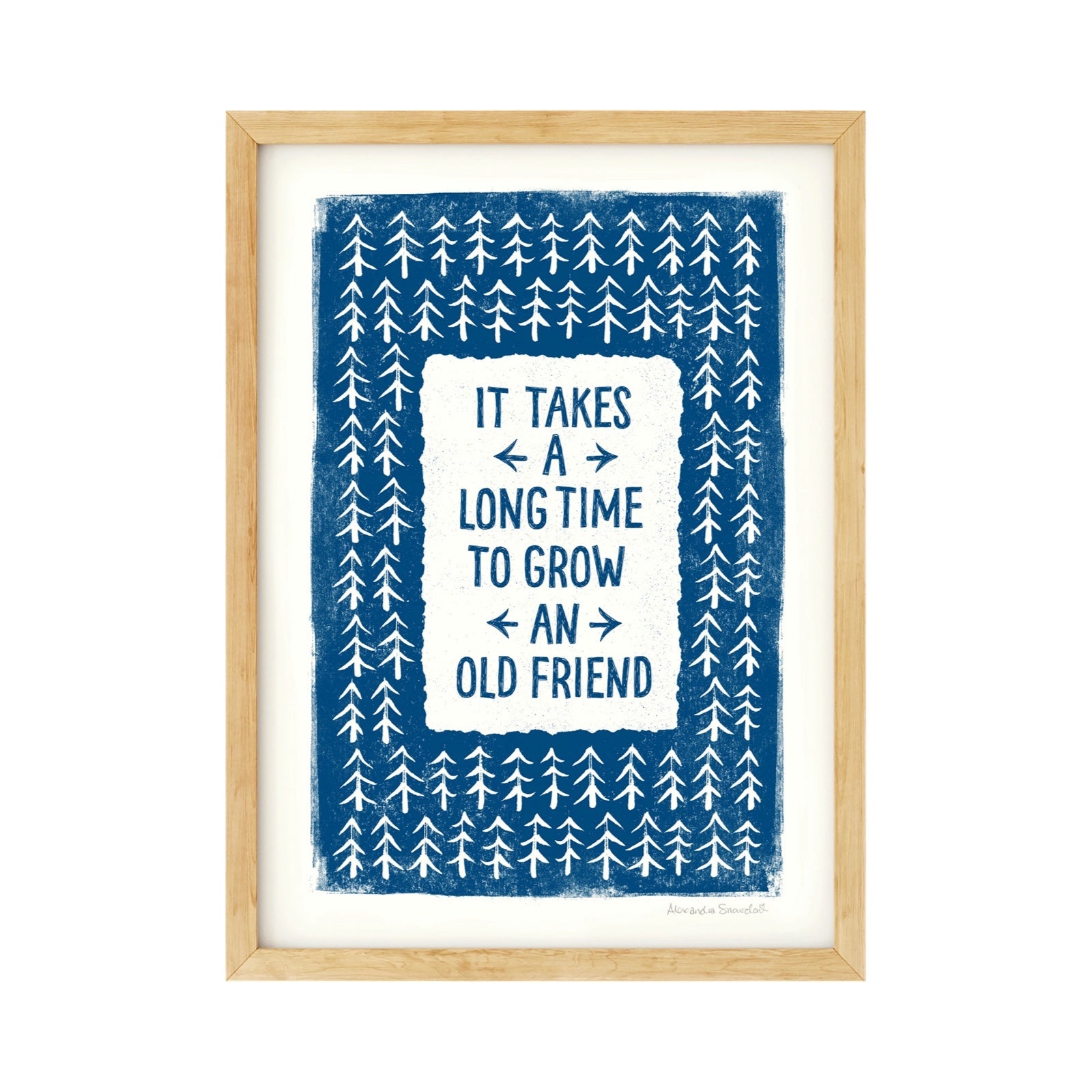 Framed print with blue and white text and pattern on a white background.