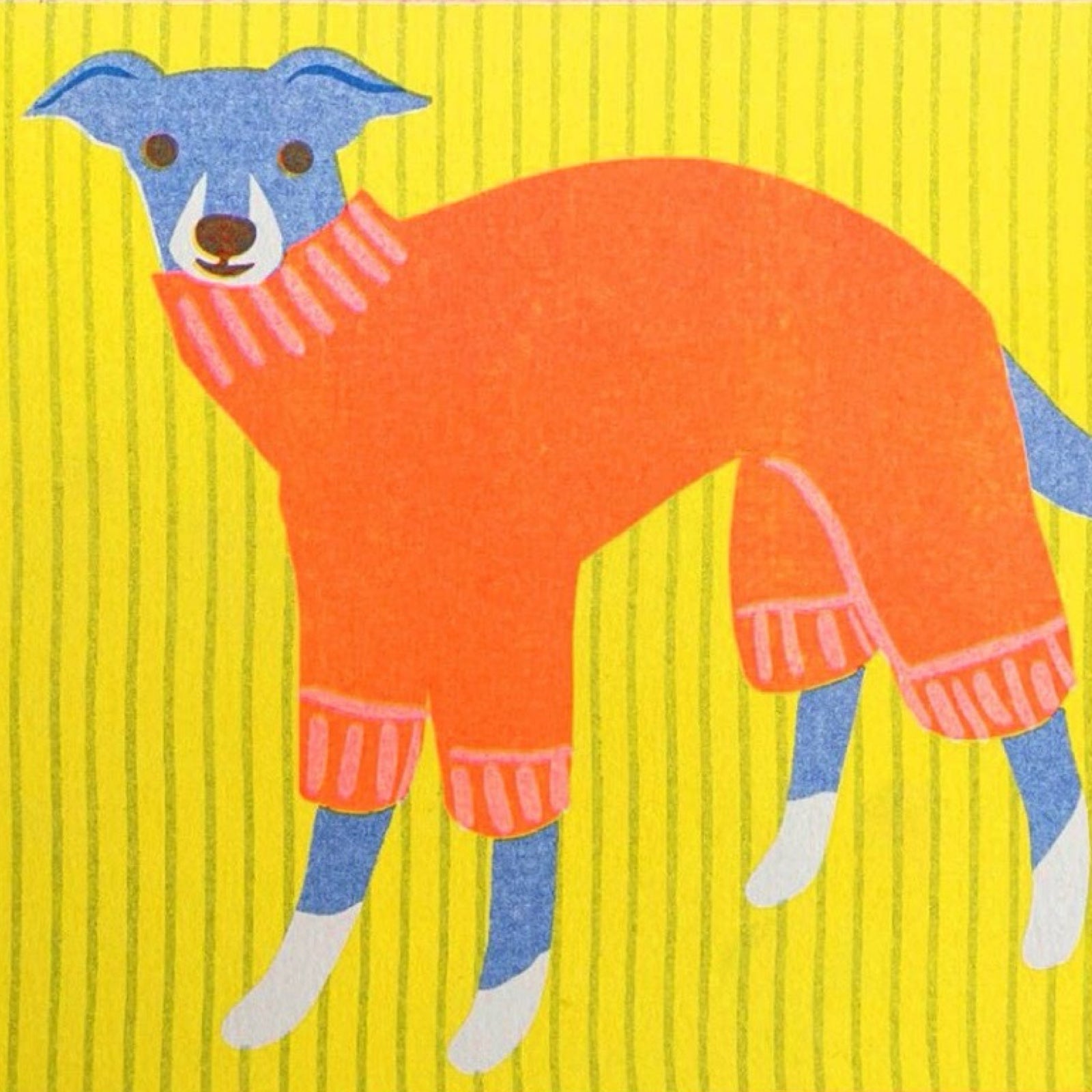 A risograph print of a blue Italian greyhound (dog) wearing an orange woolly sweater on a yellow striped background.
