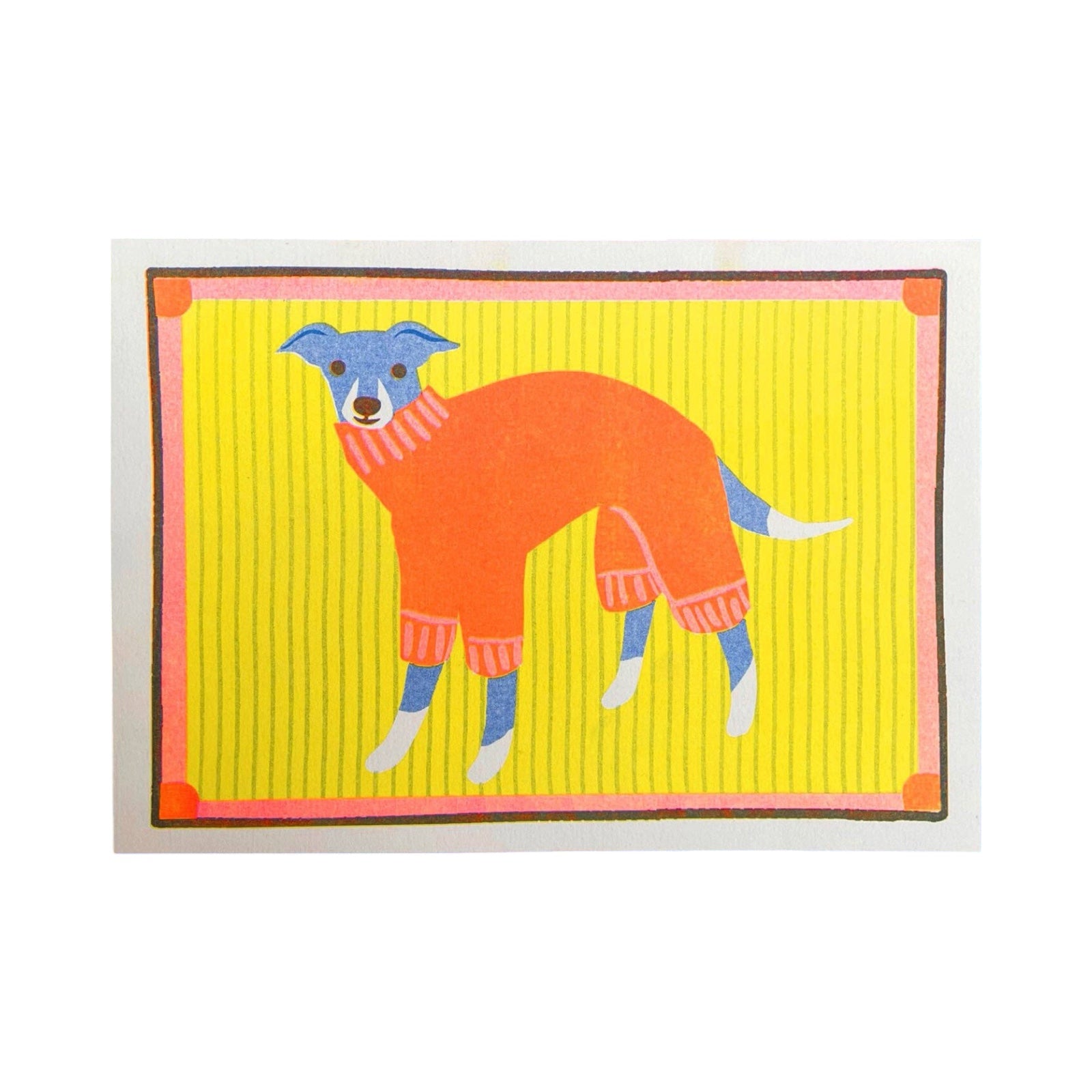 A risograph print of a blue Italian greyhound (dog) wearing an orange woolly sweater on a yellow striped background.