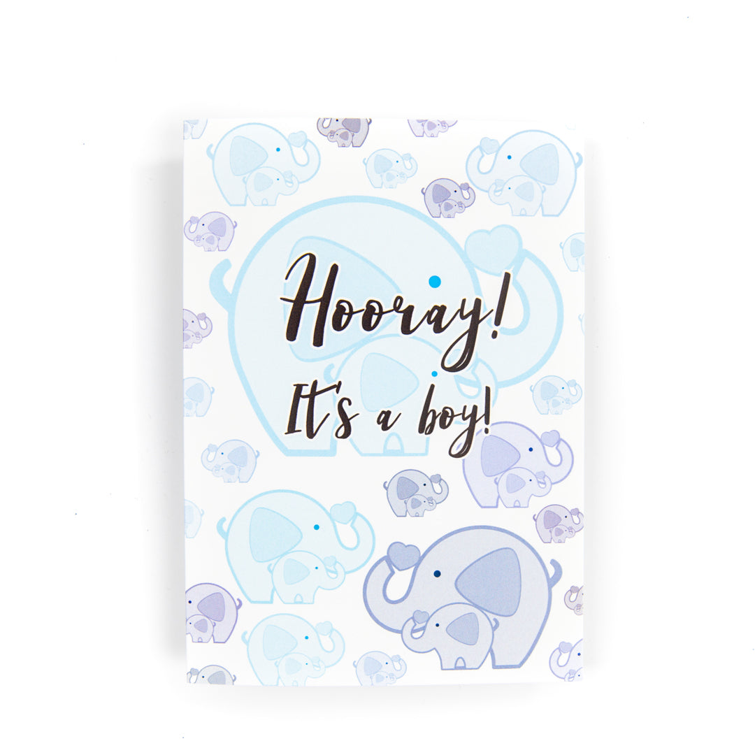 Baby shower card with blue elephants and 'Hooray! It's a boy!' text on a light blue background.