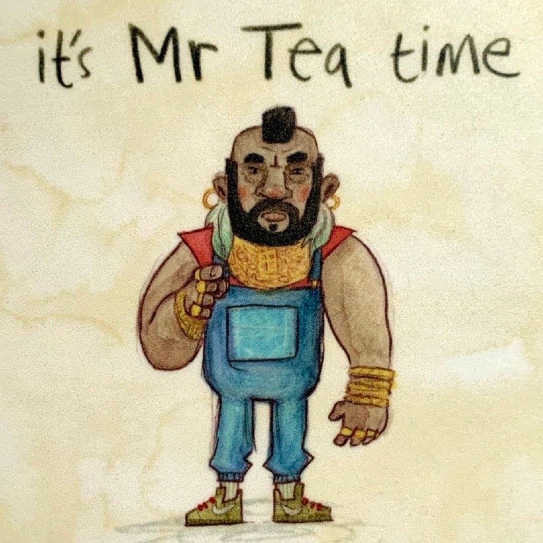 Cartoon character in overalls holding a tea bag with 'it's Mr Tea time' text on a textured beige background.