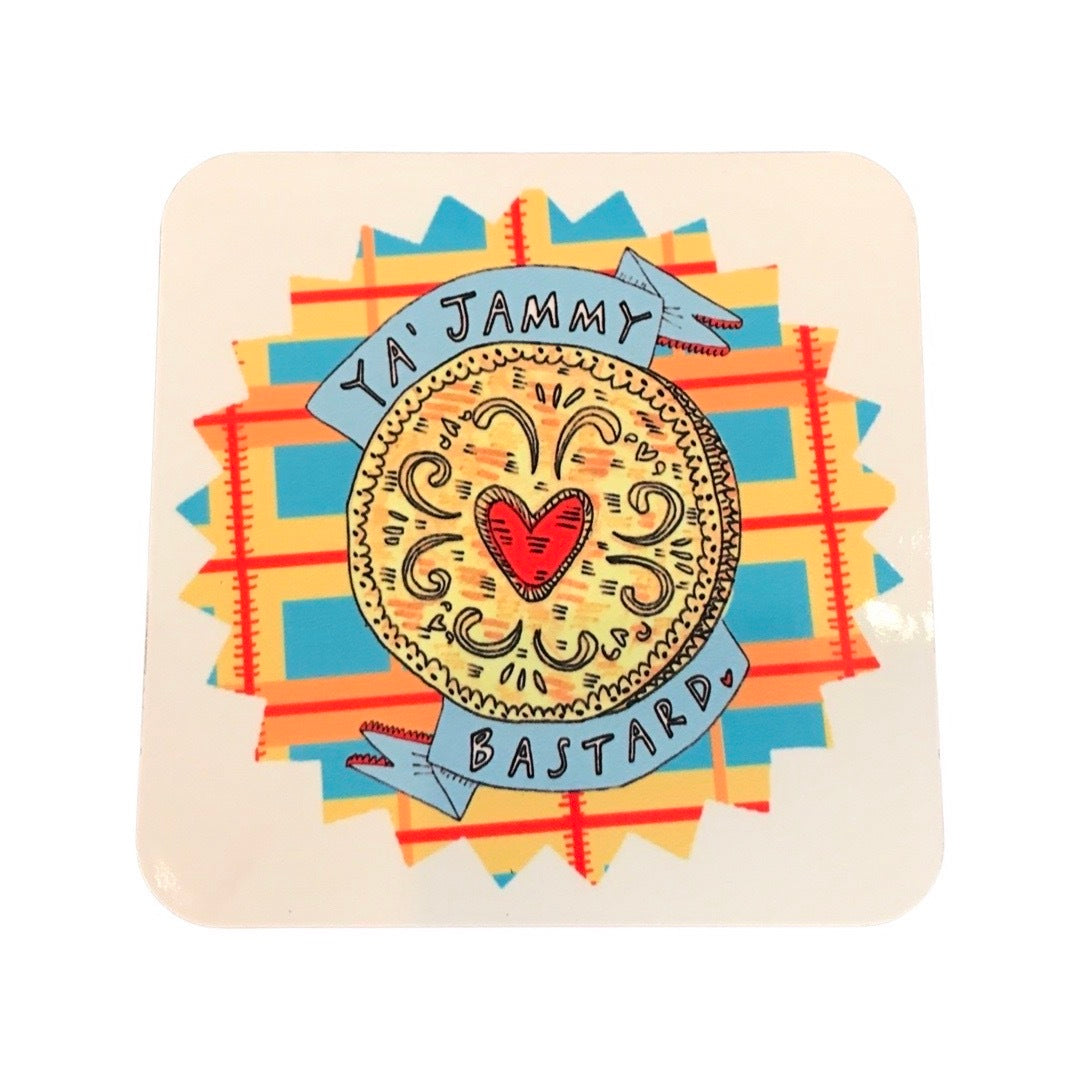 Biscuit coaster featuring an illustration of a jammy dodger biscuit on a blue tartan background and the text 'Ya Jammy Bas**rd' written inside a blue banner.