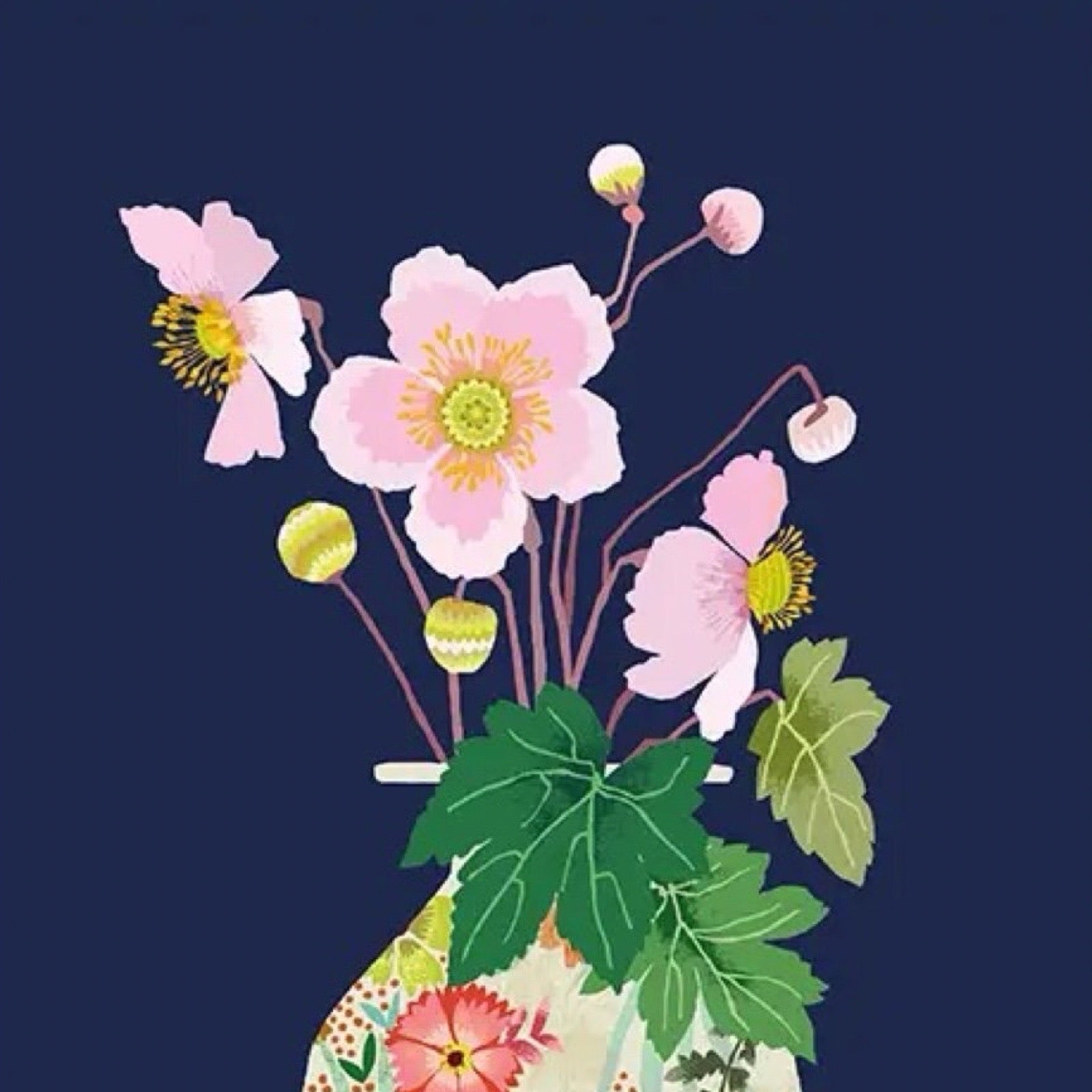 Decorative illustration of flowers in a vase on a dark blue background.