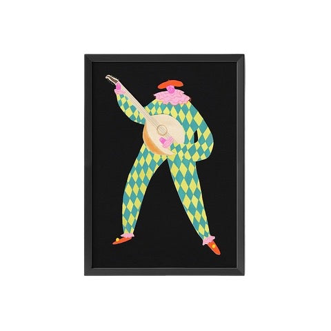 This print features an illustration of the character 'Jaques' wearing a fabulous yellow and green checked all-in-one suit with pink ruffles playing the mandolin.