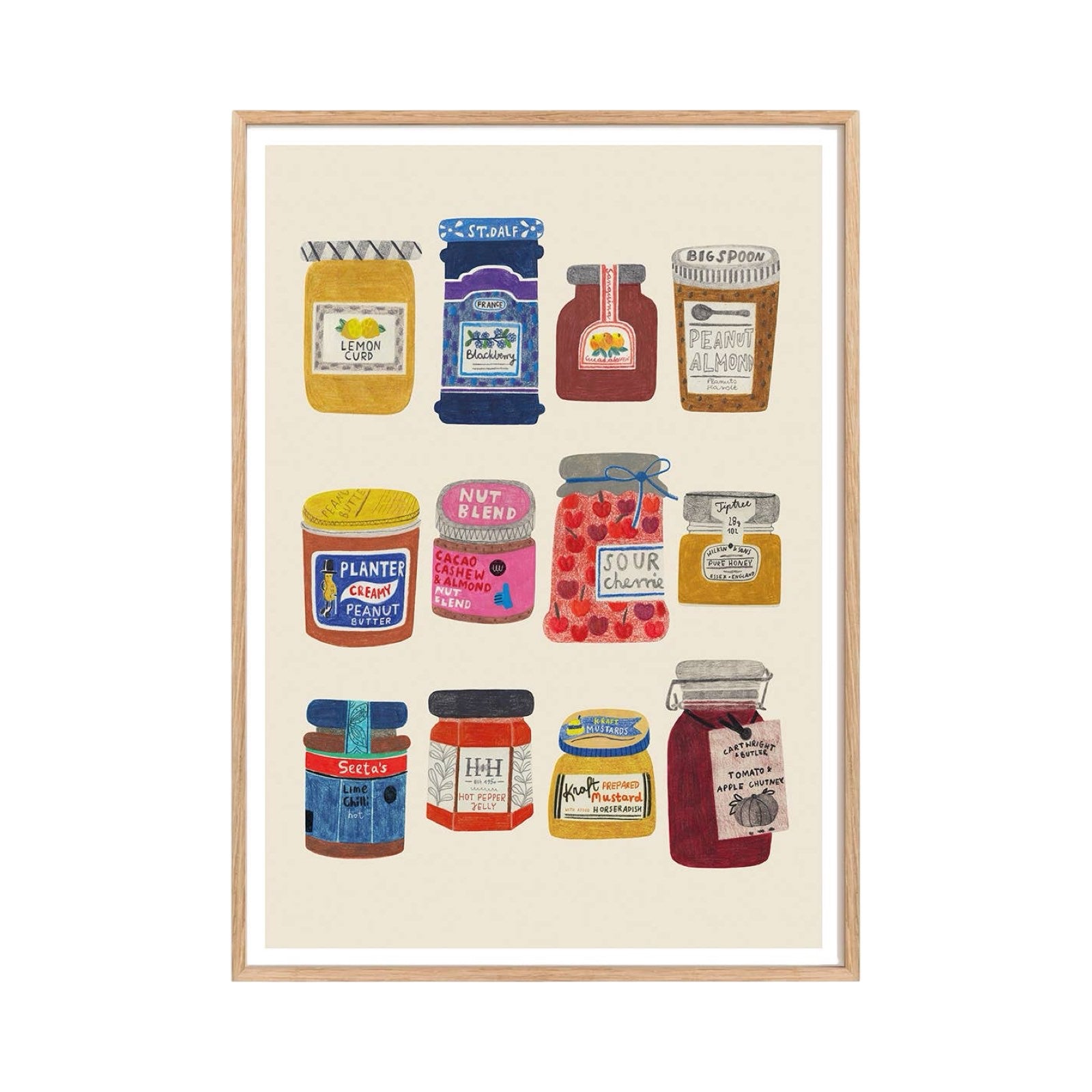 This art print features a collection of colourful jars, of breakfast spreadables.