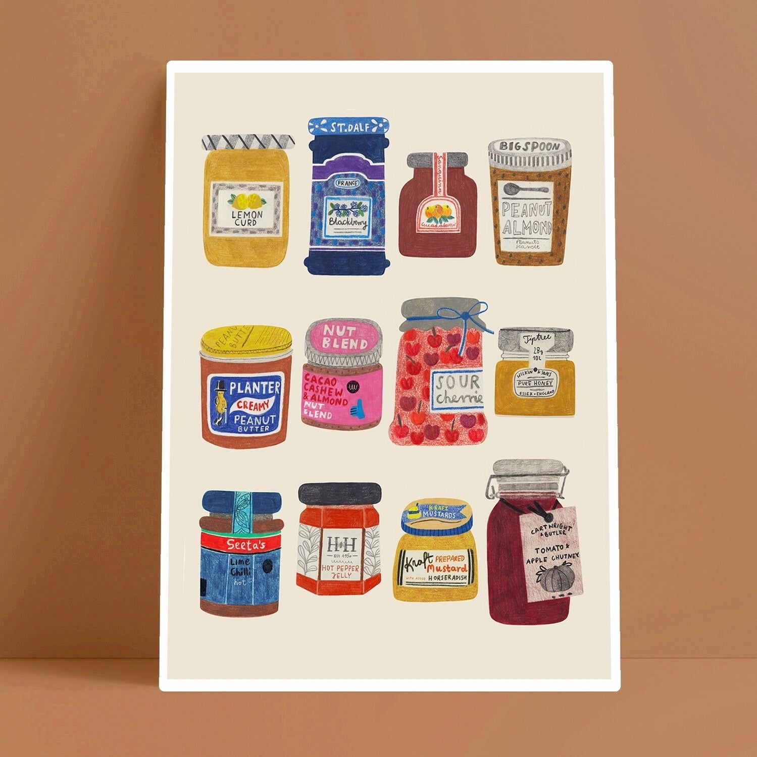 Illustrations of various jars and bottles on a beige background.