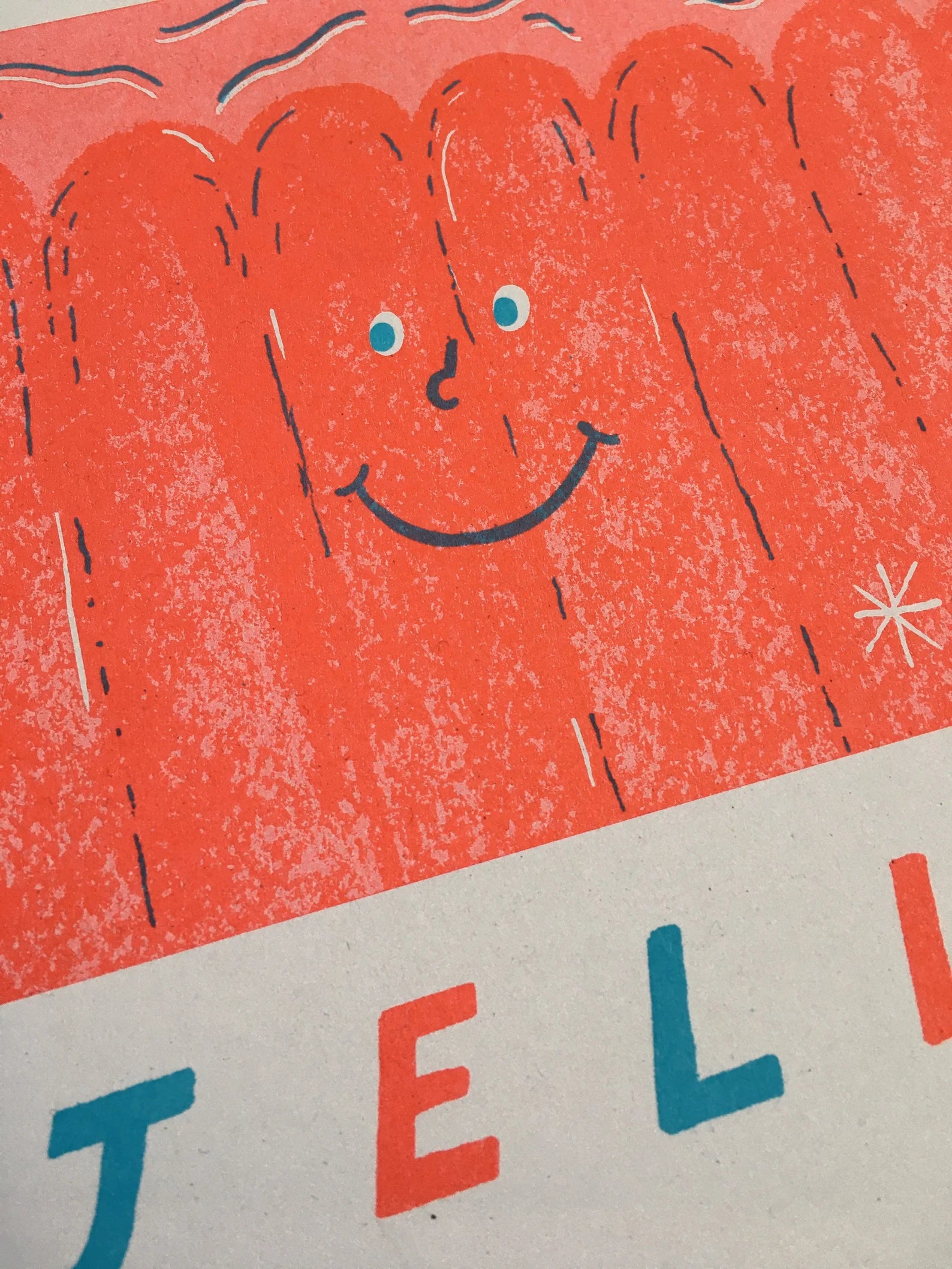 A risograph print of a huge red wobbly jelly with a smily face.