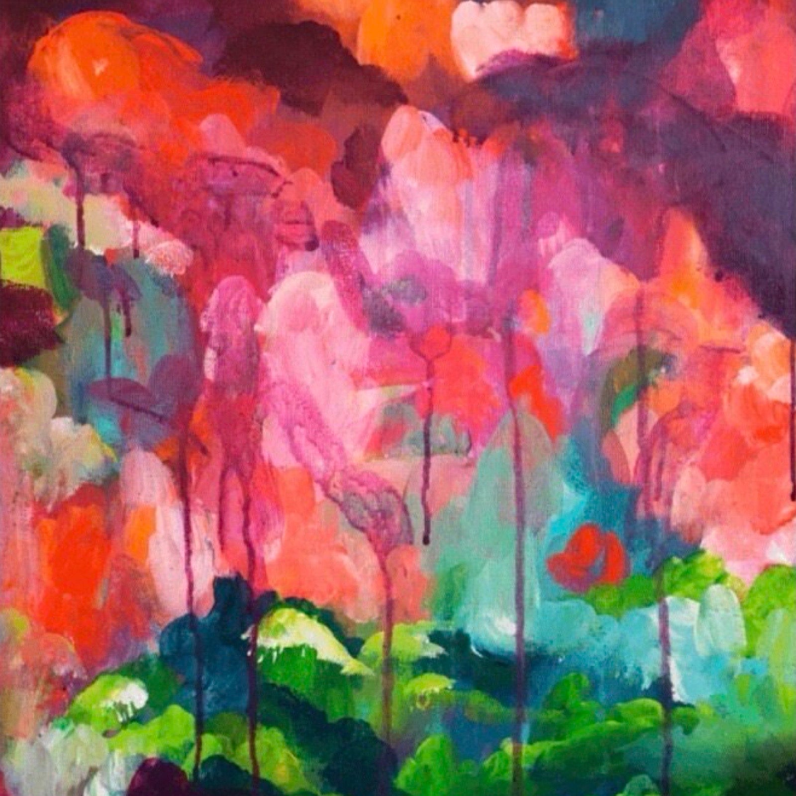 Abstract print featuring purple, pink and red clouds raining onto the greenery below.