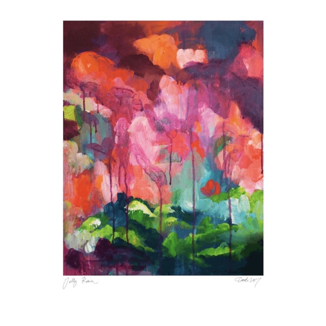 Abstract print featuring purple, pink and red clouds raining onto the greenery below.
