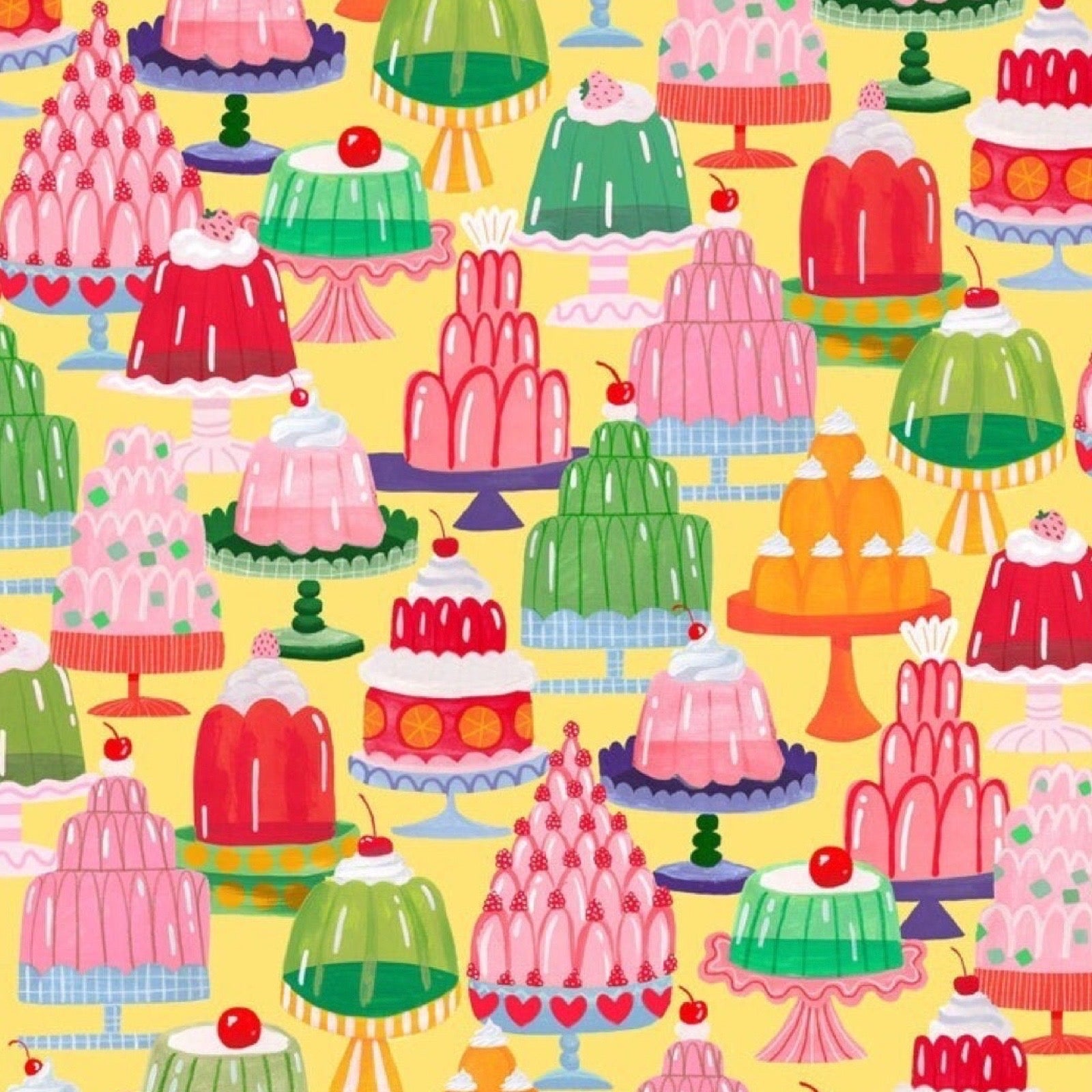 Colourful pattern of jellies on a yellow background.