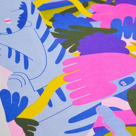 Print of a giant blue-striped jungle cat sleeping beneath a psychedelic forest.