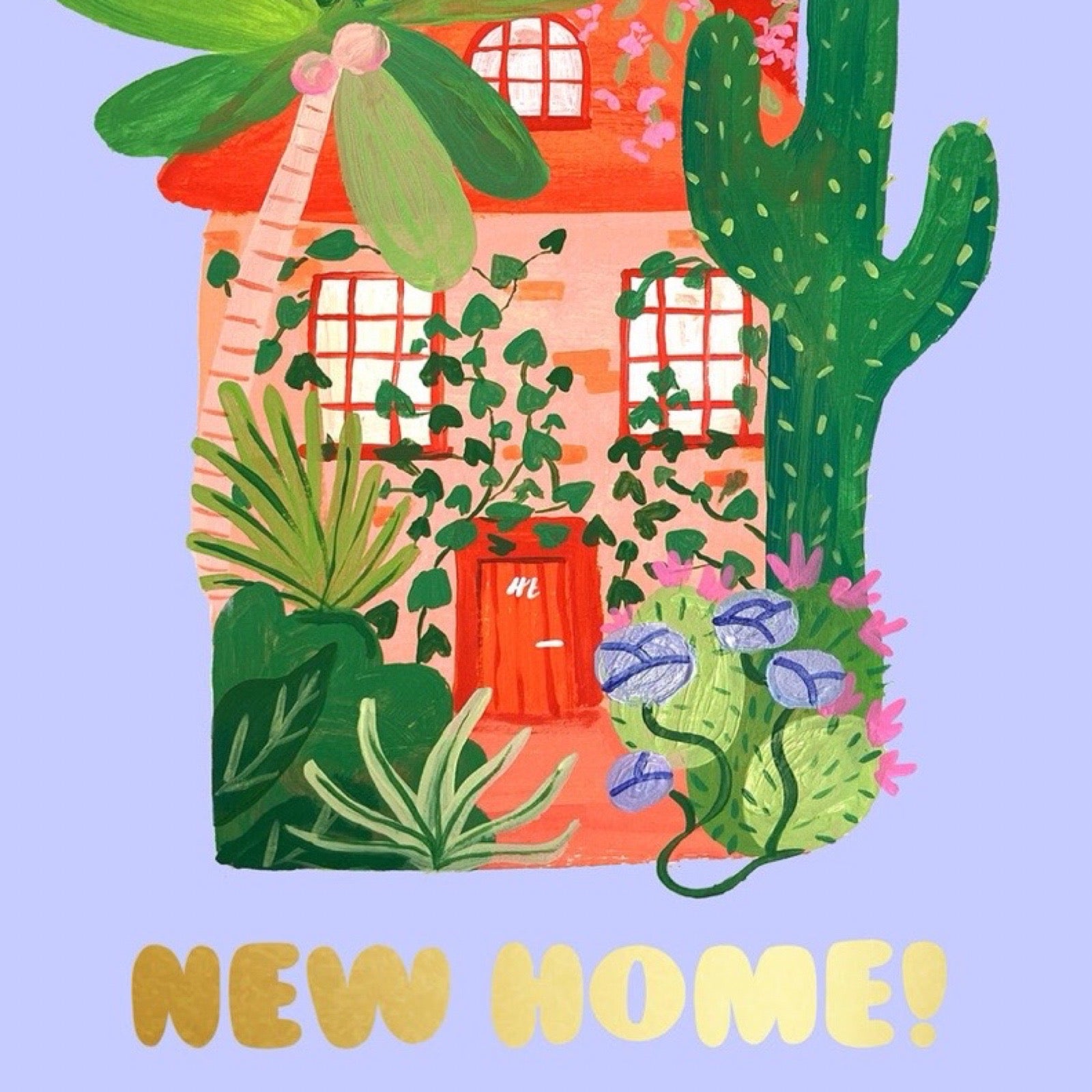 Illustration of a house with plants and 'NEW HOME!' text on a purple background.