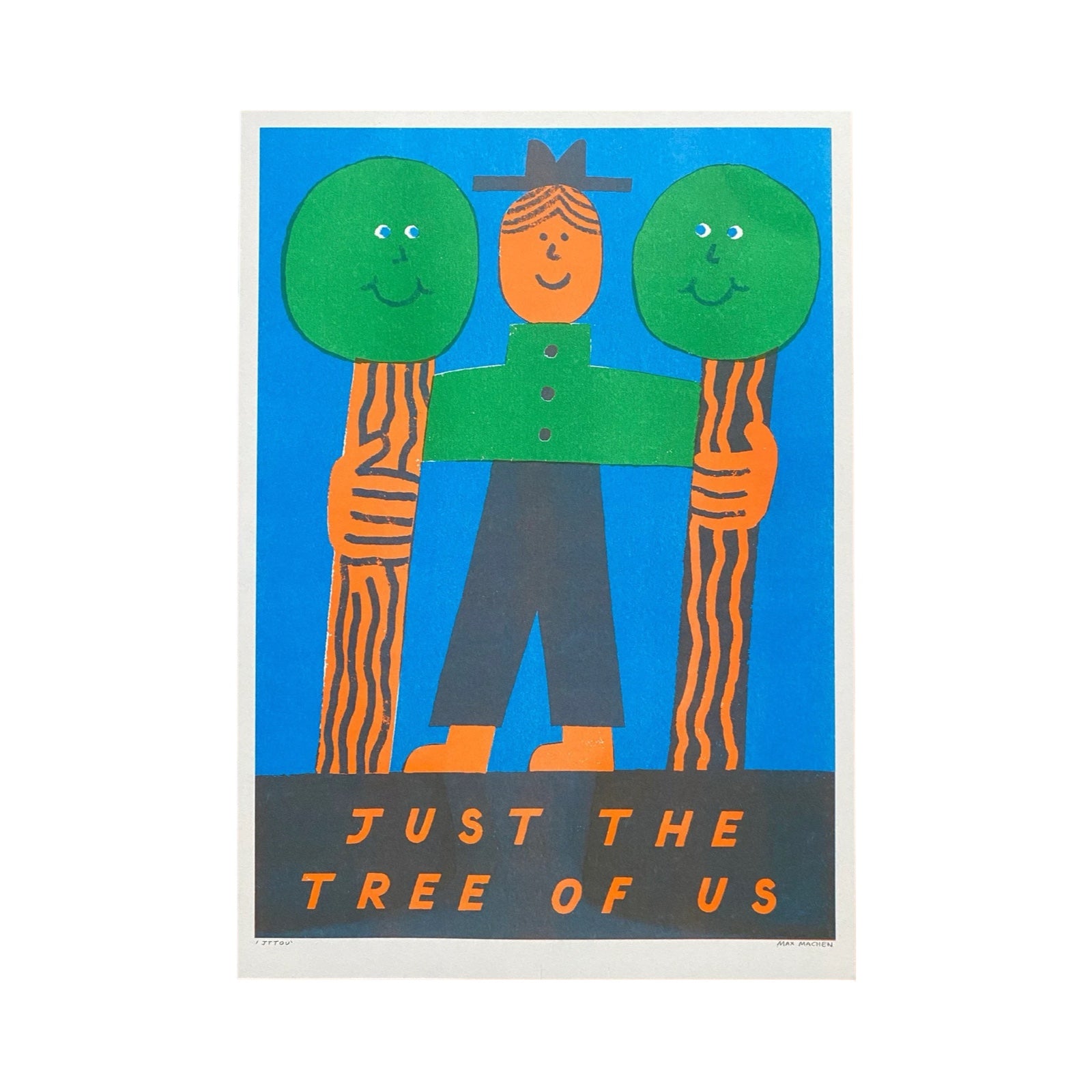 Risograph print of a man in a green and navy outfit with his arms around 2 branches, all against a blue background and the text 'Just the Three of Us'.