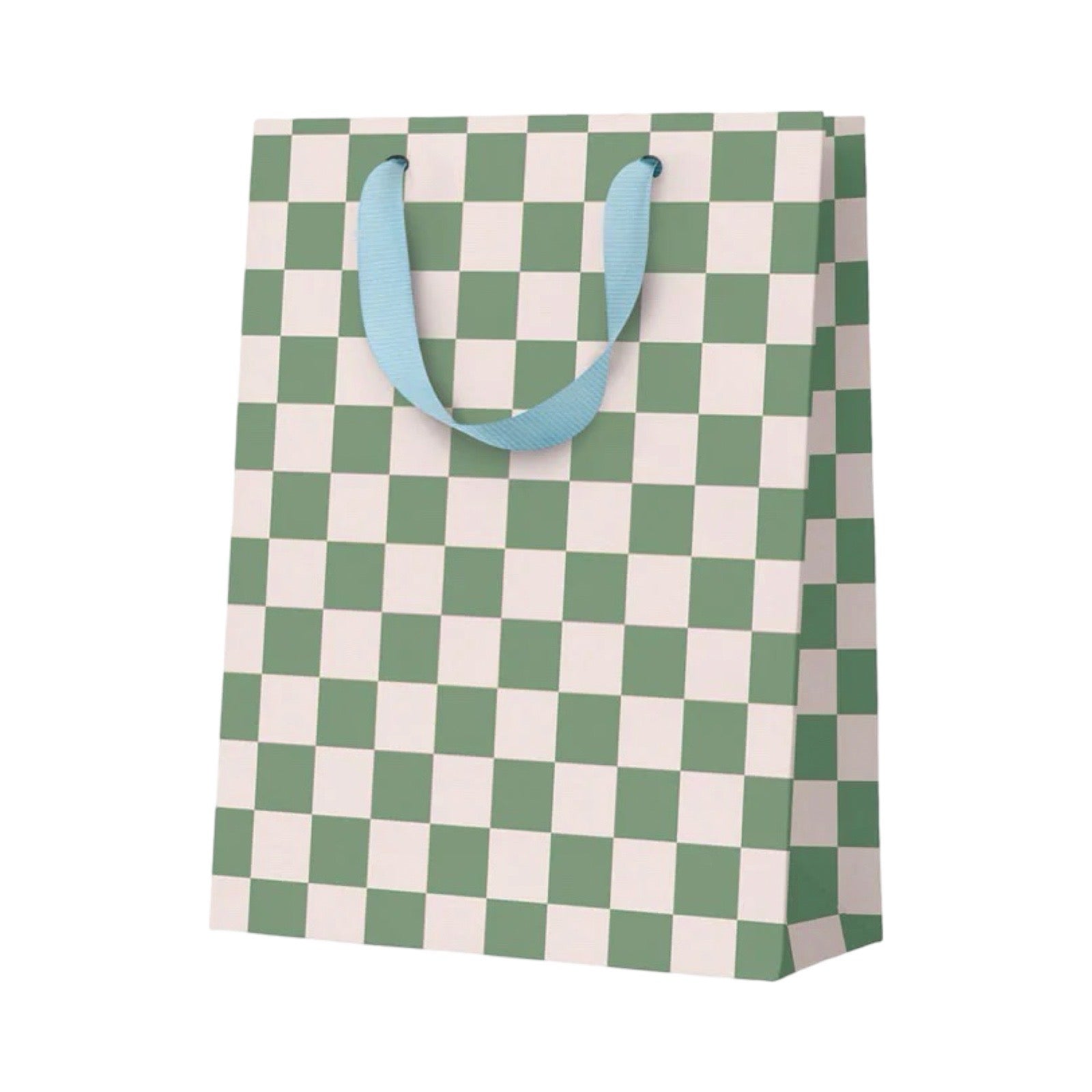 A paper gift bag with a green and white checkerboard pattern and light blue handles, shown on a plain white background.